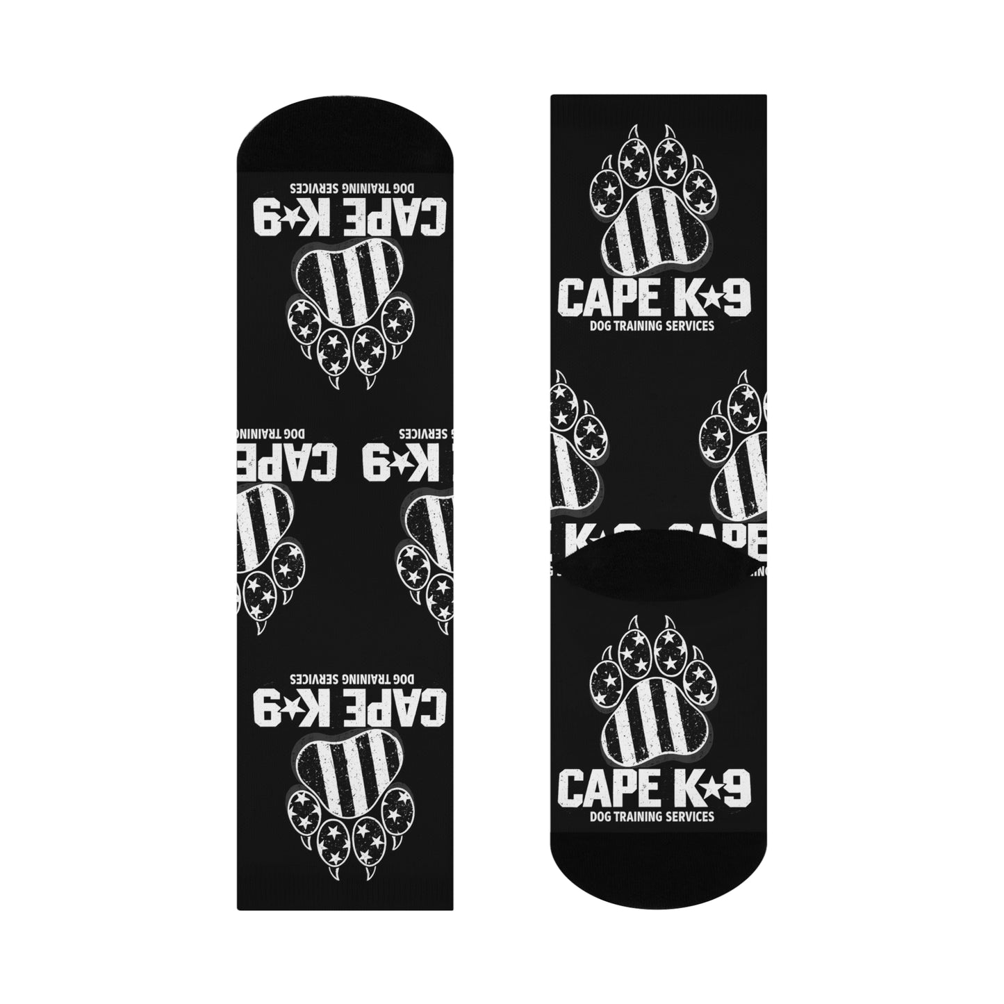 Black socks with white graphics and text 'CAPE K9' on a white background