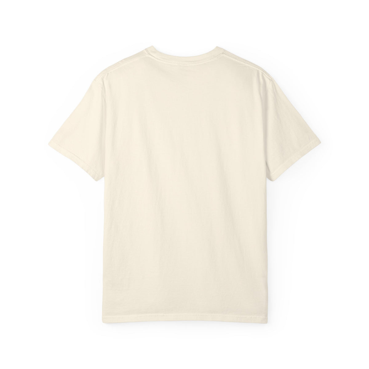 A plain cream-colored short-sleeve t-shirt shown from the back, laid flat against a solid white background.