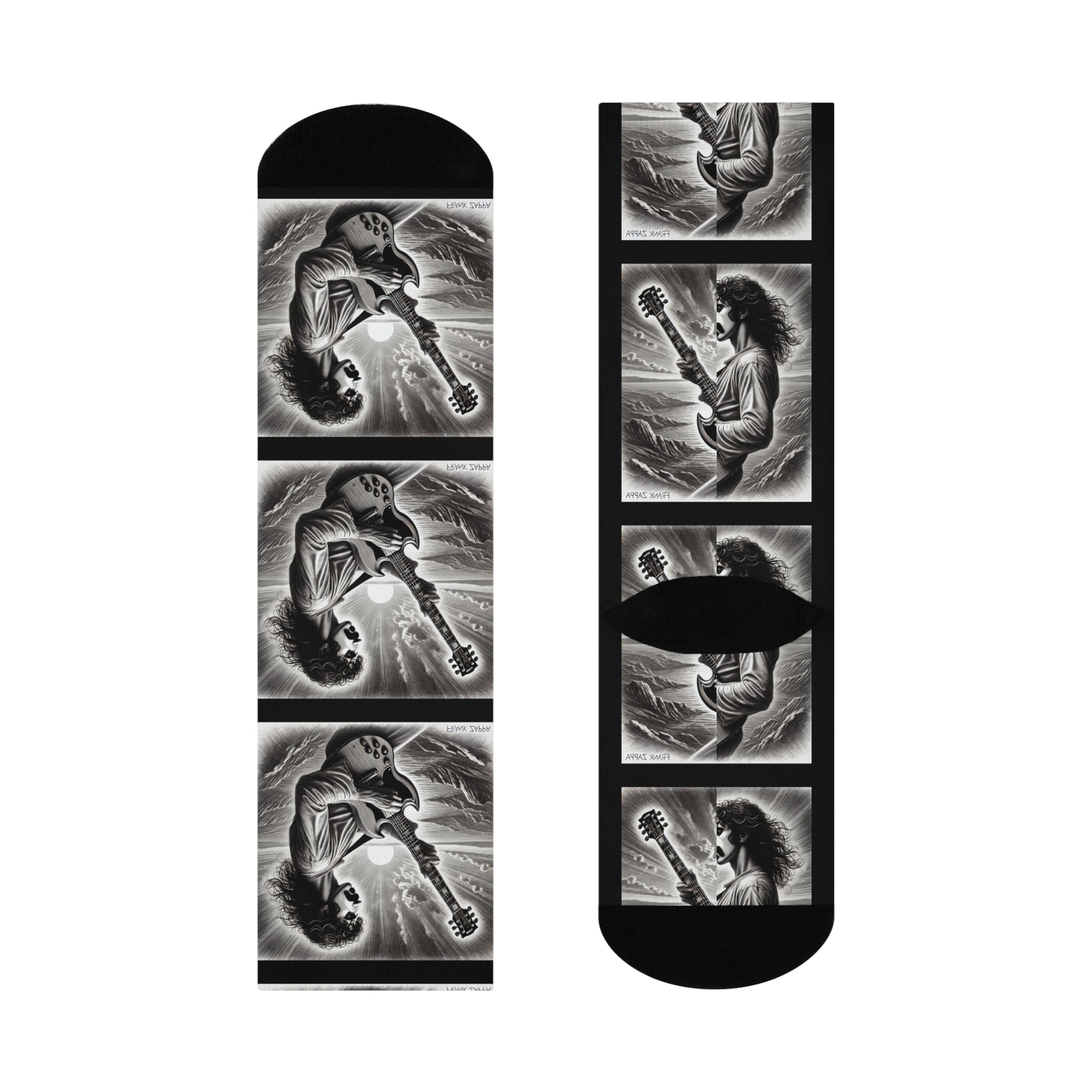 Zappa-inspired black and white pencil sketch art guitarist crew socks