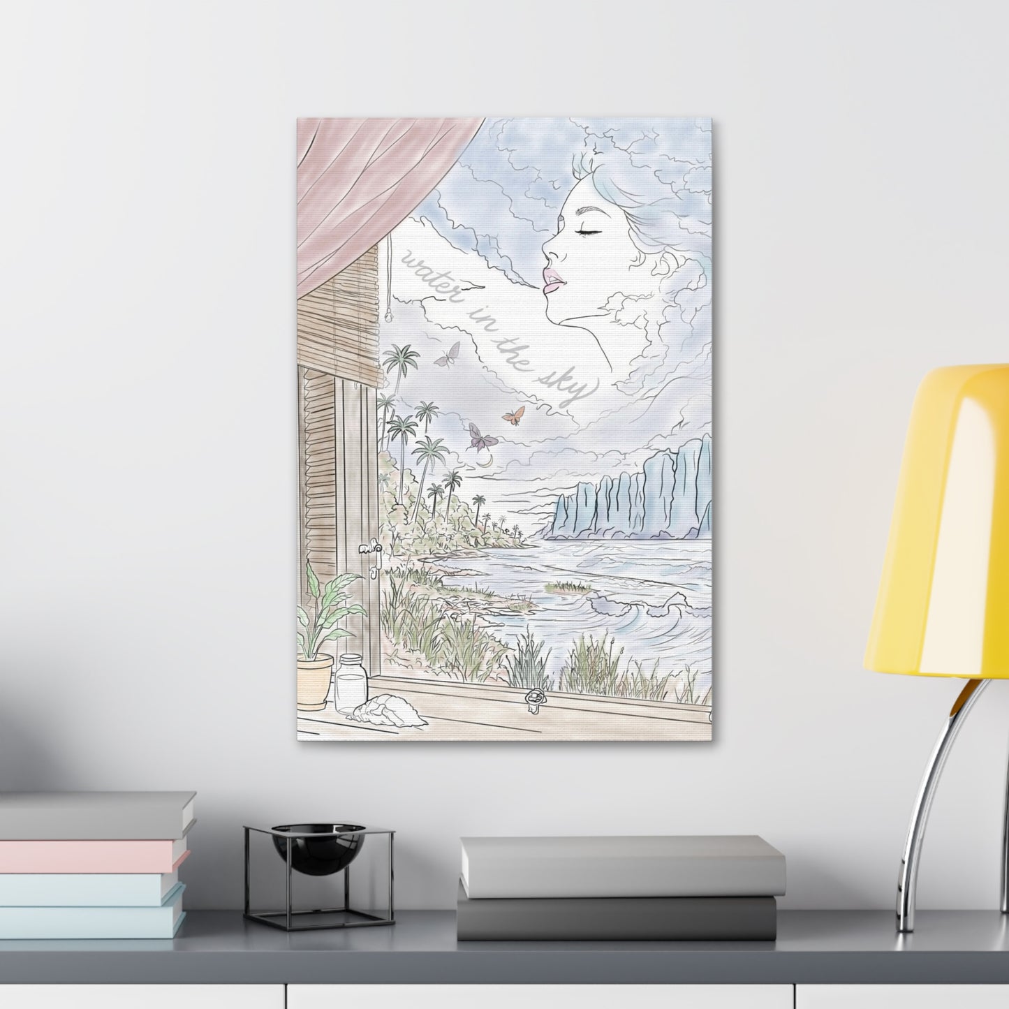 Water in the Sky vertical canvas featuring a pastel coastal landscape, tropical palms, ocean waves and a woman formed in the clouds.