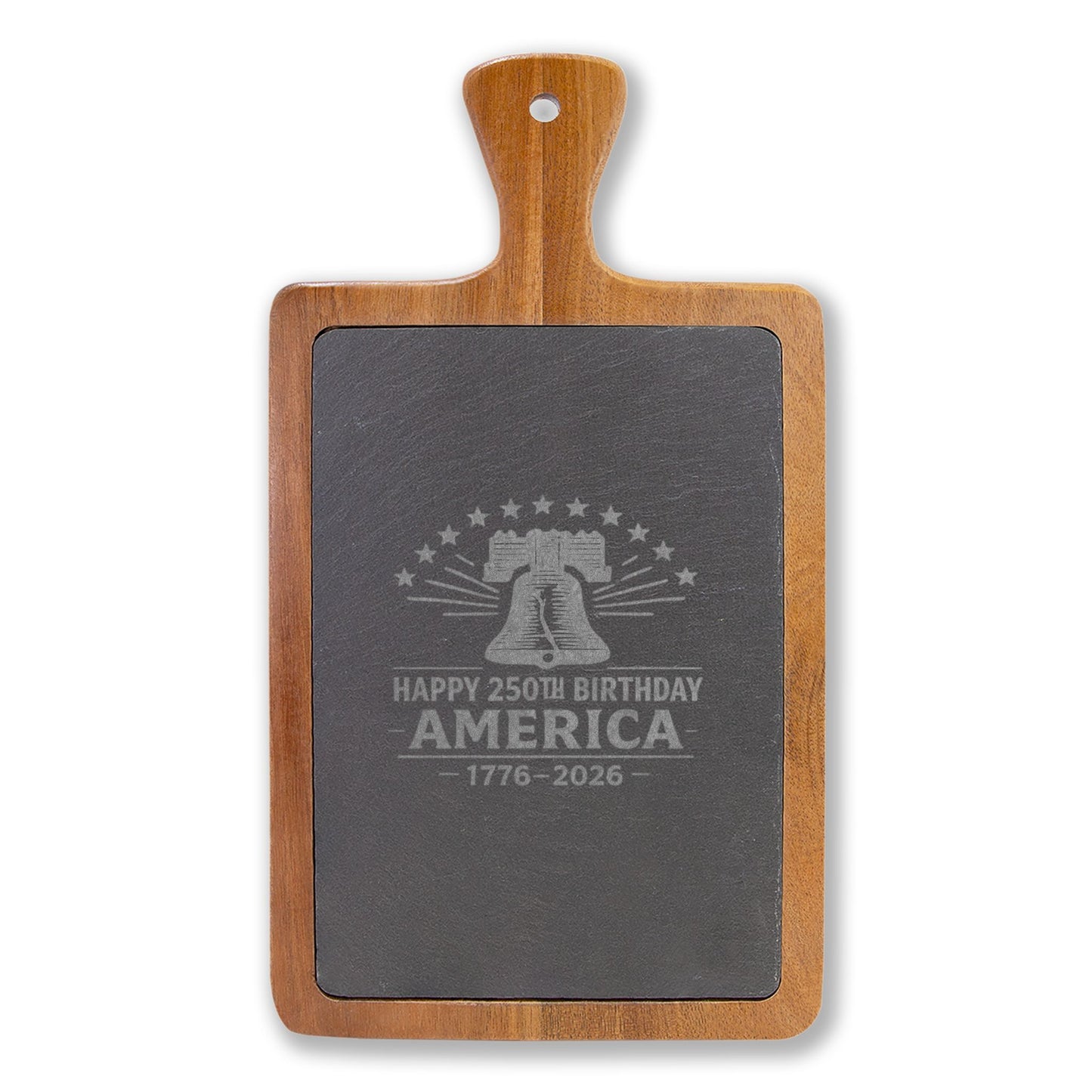 Acacia wood charcuterie board with engraved slate featuring a Liberty Bell and “Happy 250th Birthday America 1776-2026” patriotic design.