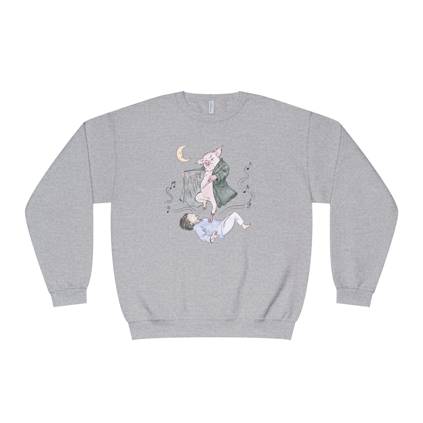 Crewneck sweatshirt featuring original hand-drawn Guyute-inspired artwork with a surreal pig, moon, musical mist, and muted storybook colors.