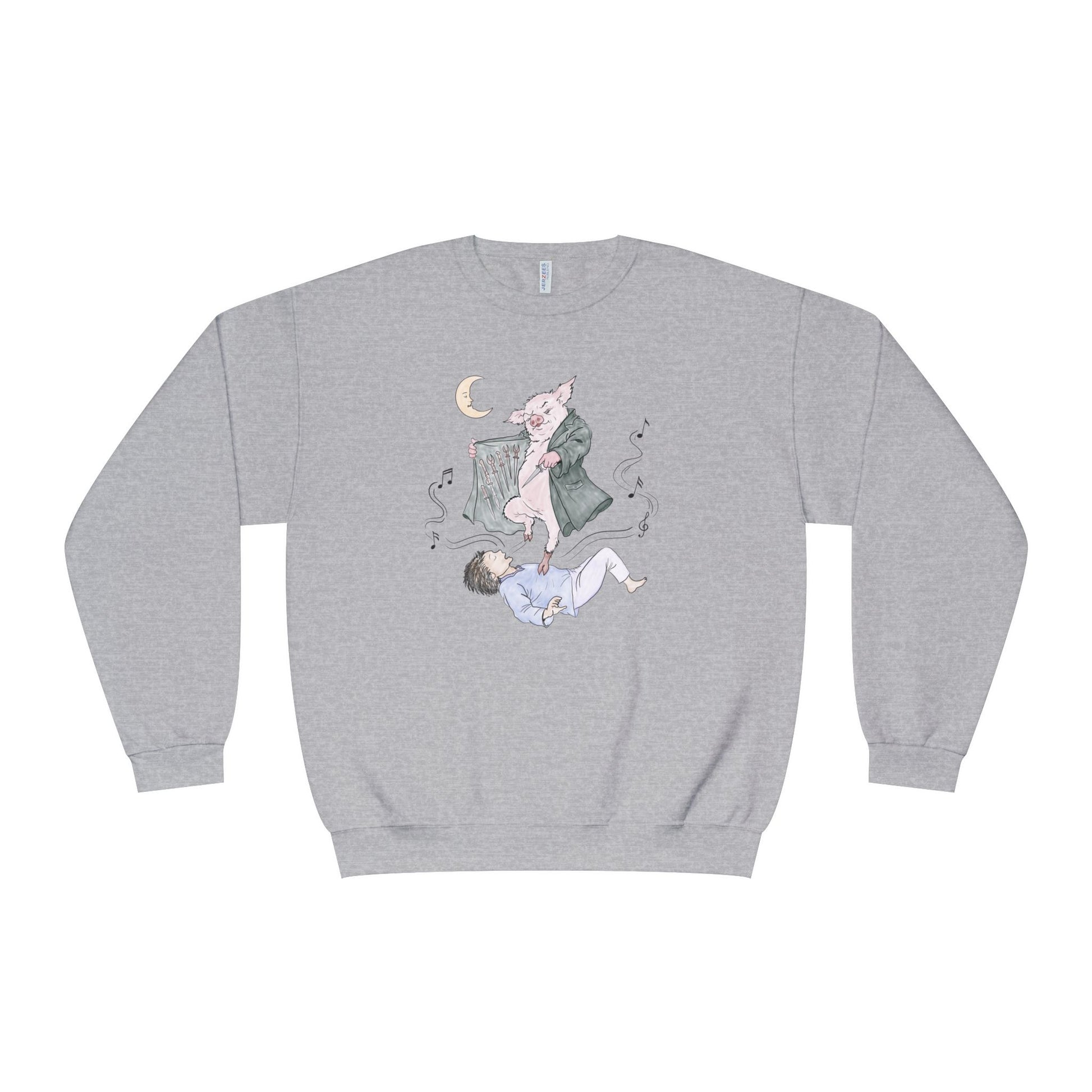 Crewneck sweatshirt featuring original hand-drawn Guyute-inspired artwork with a surreal pig, moon, musical mist, and muted storybook colors.