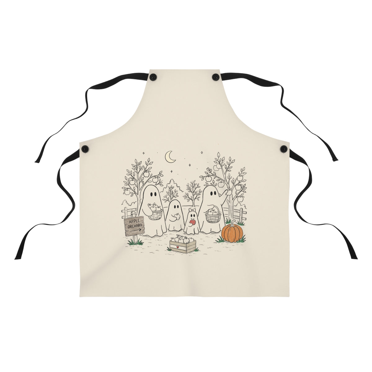 Cream apron featuring a cute ghost family picking apples in an autumn orchard with baskets, pumpkin, trees and moon from The Story of the Ghost Chapter 4.