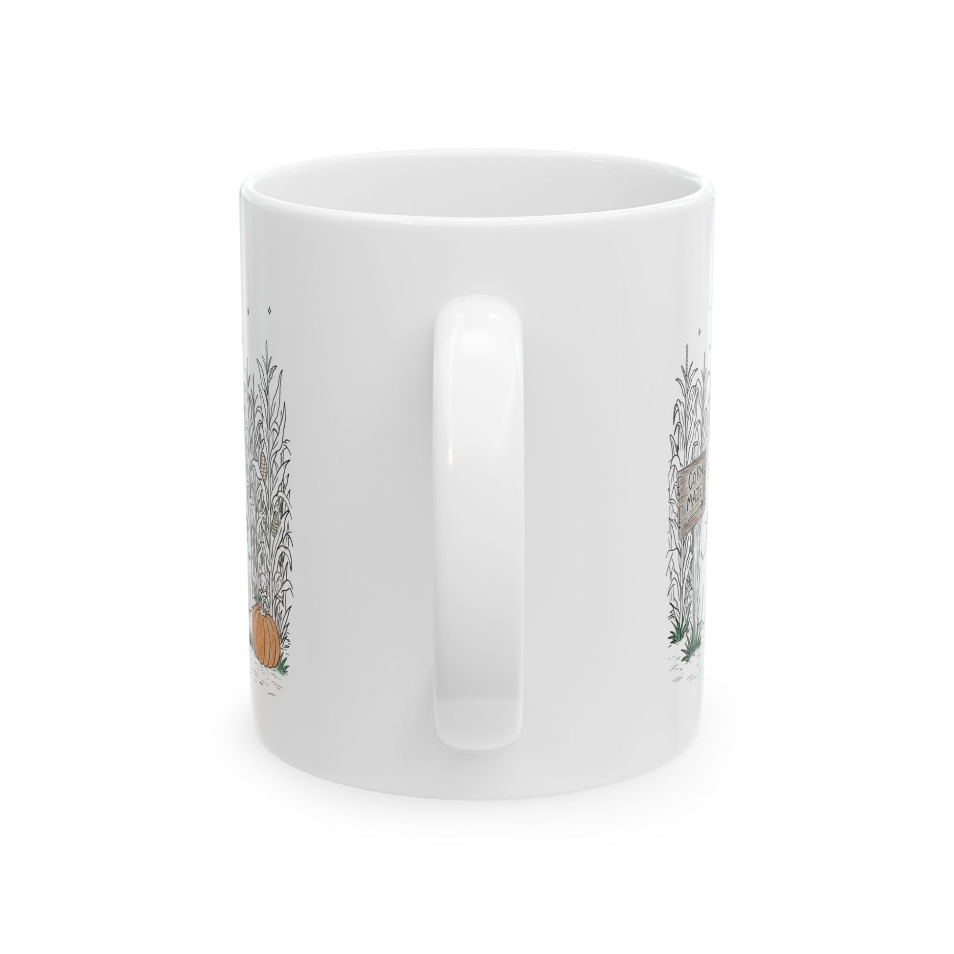 White ceramic coffee mug printed on both sides with a hand-drawn ghost family walking through a moonlit corn maze with warm drinks and a pumpkin, from The Story of the Ghost Chapter 2 collection.