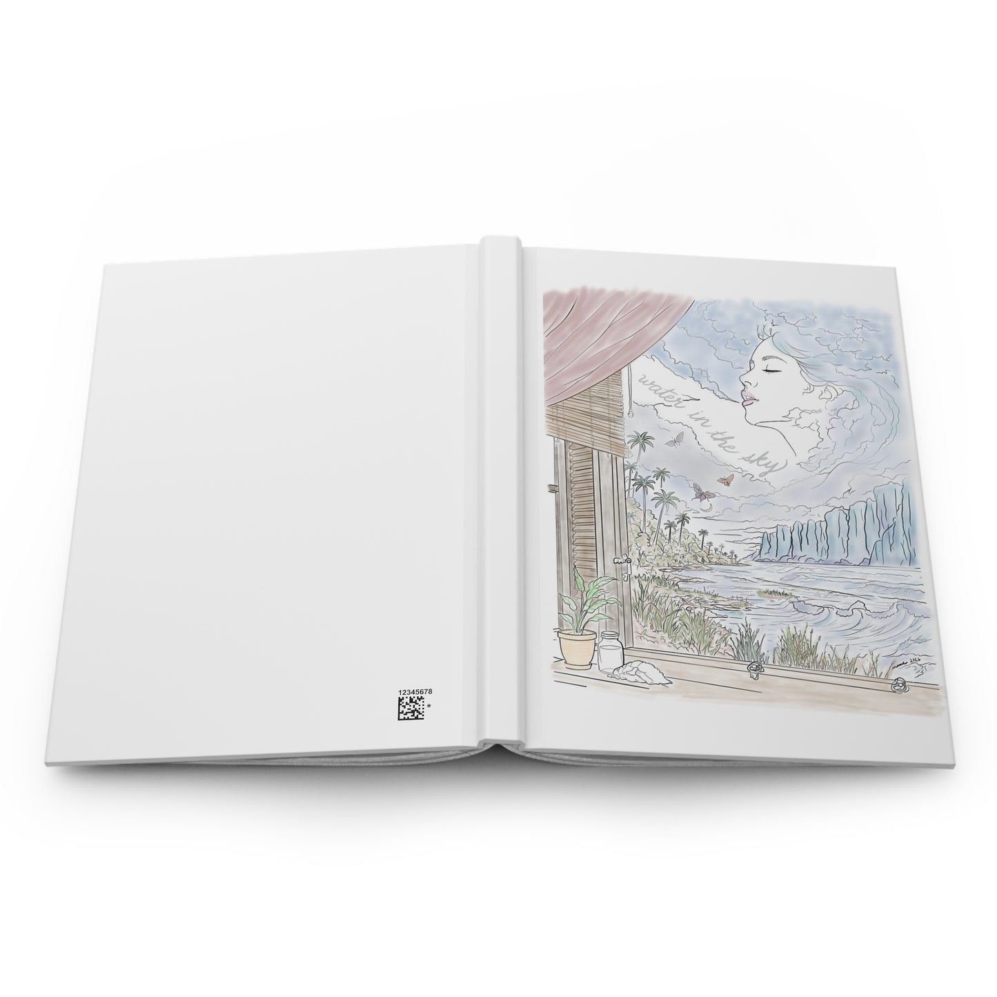 Water in the Sky hardcover journal featuring pastel coastal artwork with ocean waves, tropical palms, butterflies and a woman in the clouds.