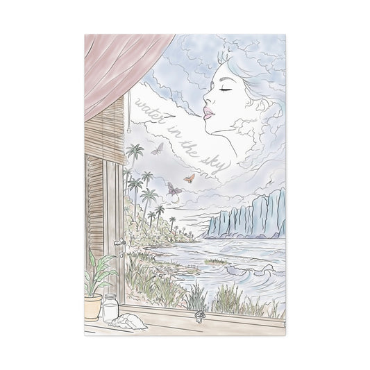 Front view of Water in the Sky pastel canvas artwork with cliffs, butterflies, palms and a dreamy cloud portrait.