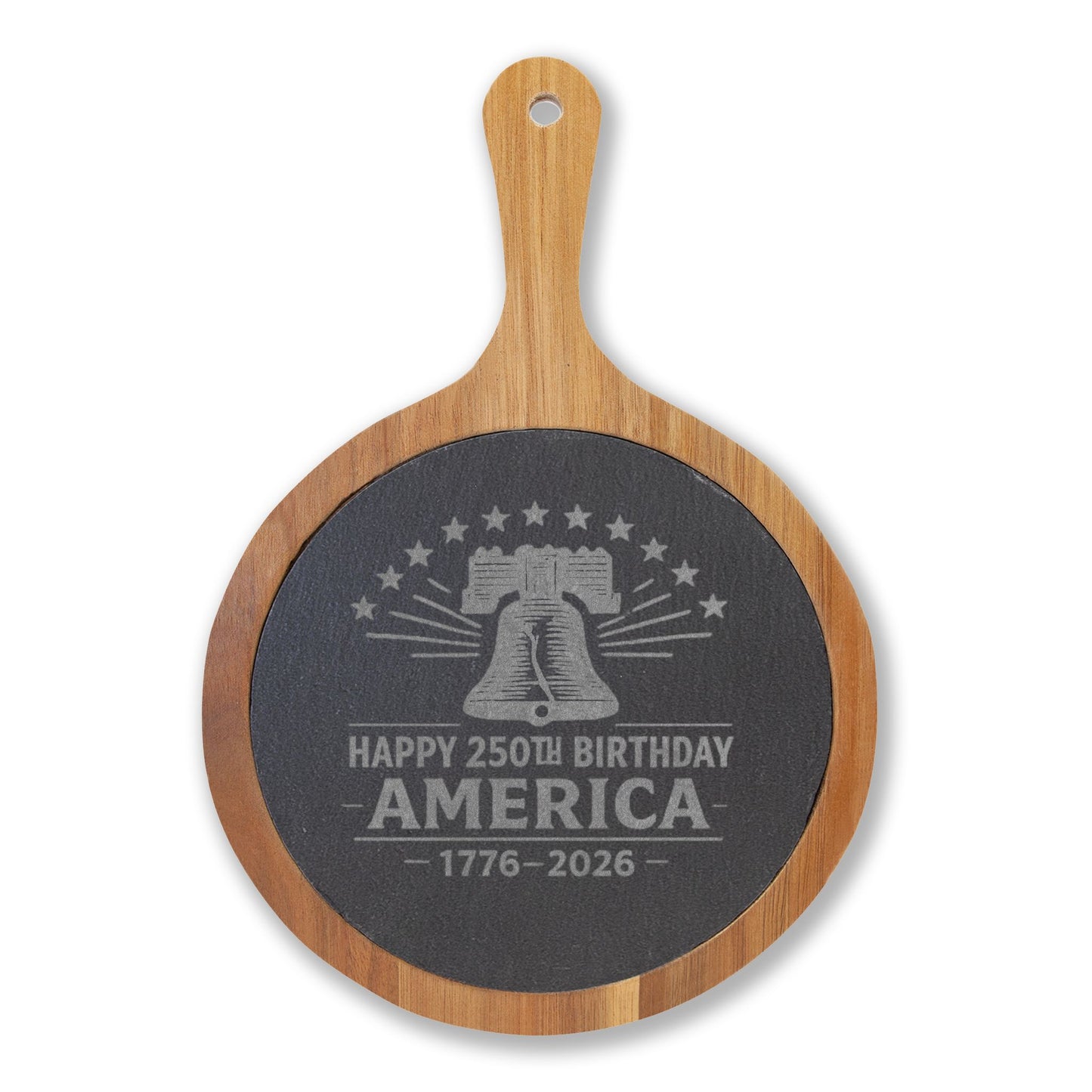 Acacia wood charcuterie board with engraved slate featuring a Liberty Bell and “Happy 250th Birthday America 1776-2026” patriotic design.