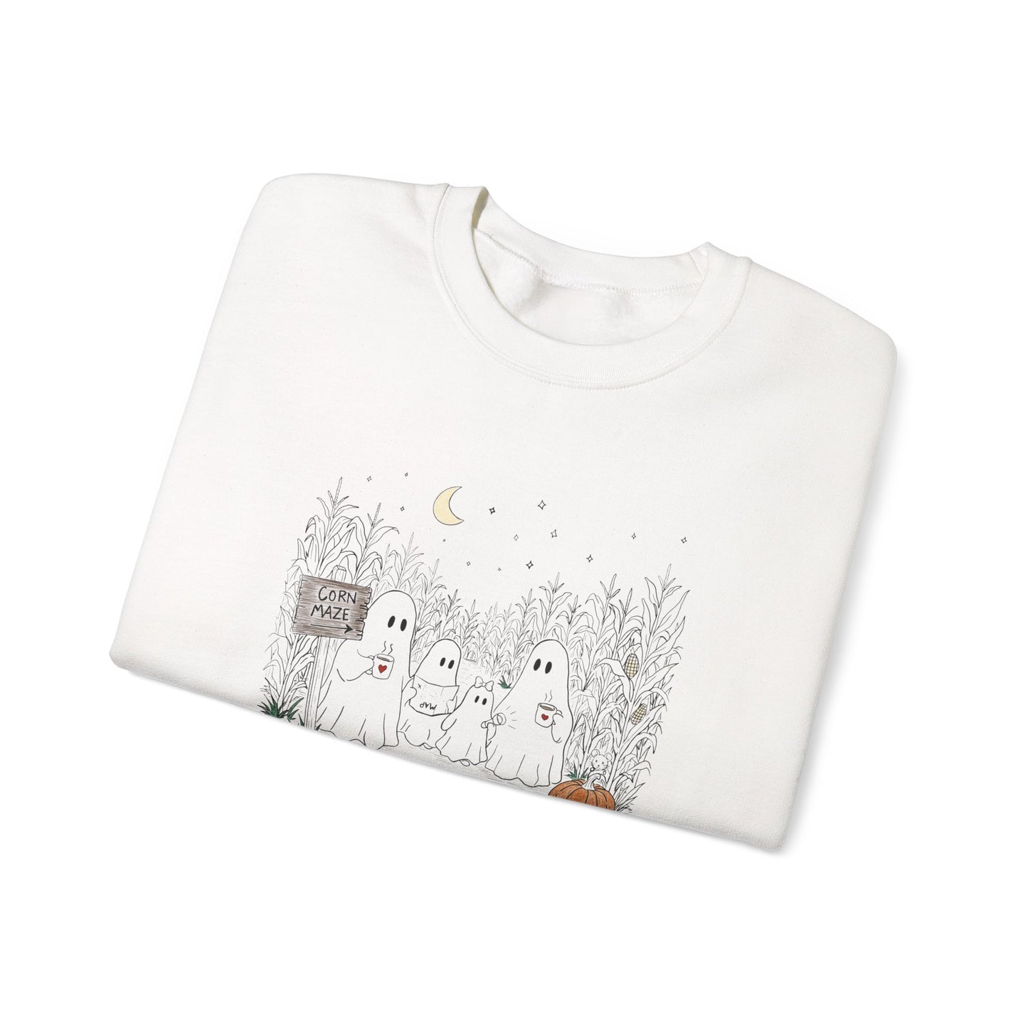 Crewneck sweatshirt featuring a hand-drawn ghost family walking through a moonlit corn maze with warm drinks, tall corn stalks, and a pumpkin from The Story of the Ghost Chapter 2 collection.