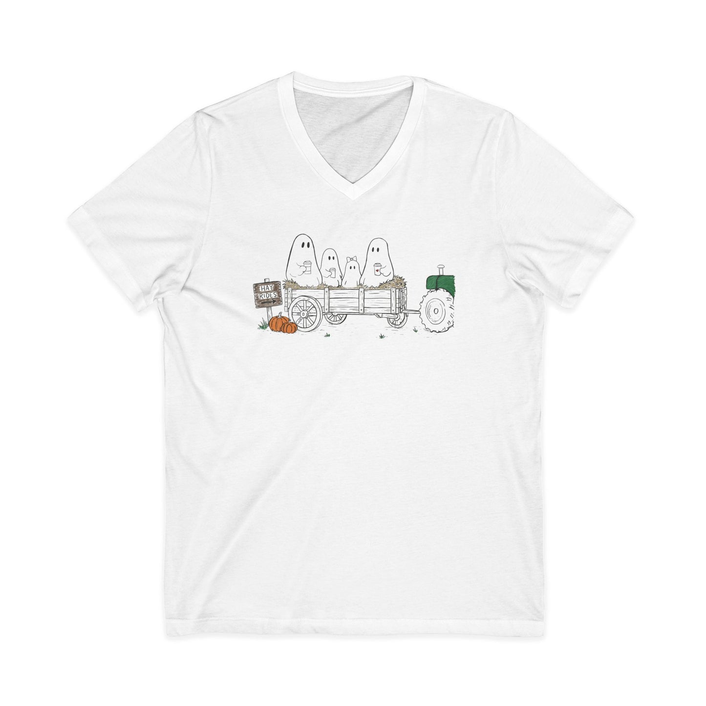 Classic white unisex t-shirt featuring a hand-drawn ghost family riding in a hay wagon with pumpkins, coffee mugs, and a vintage tractor from The Story of the Ghost Chapter 1 collection.