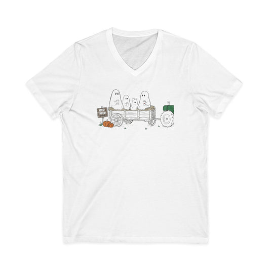 Classic white unisex t-shirt featuring a hand-drawn ghost family riding in a hay wagon with pumpkins, coffee mugs, and a vintage tractor from The Story of the Ghost Chapter 1 collection.