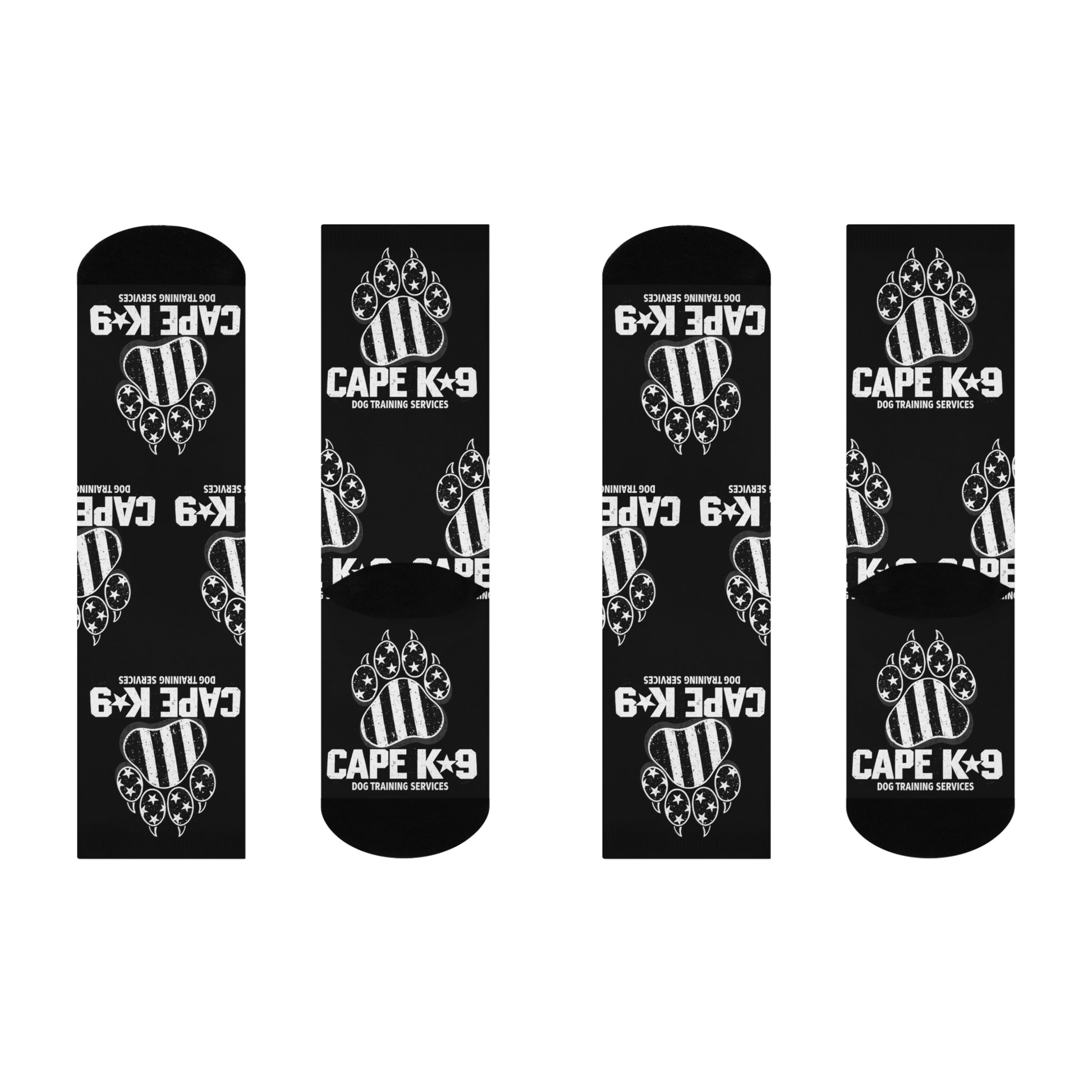 Set of black socks with Cape K-9 logo on a white background
