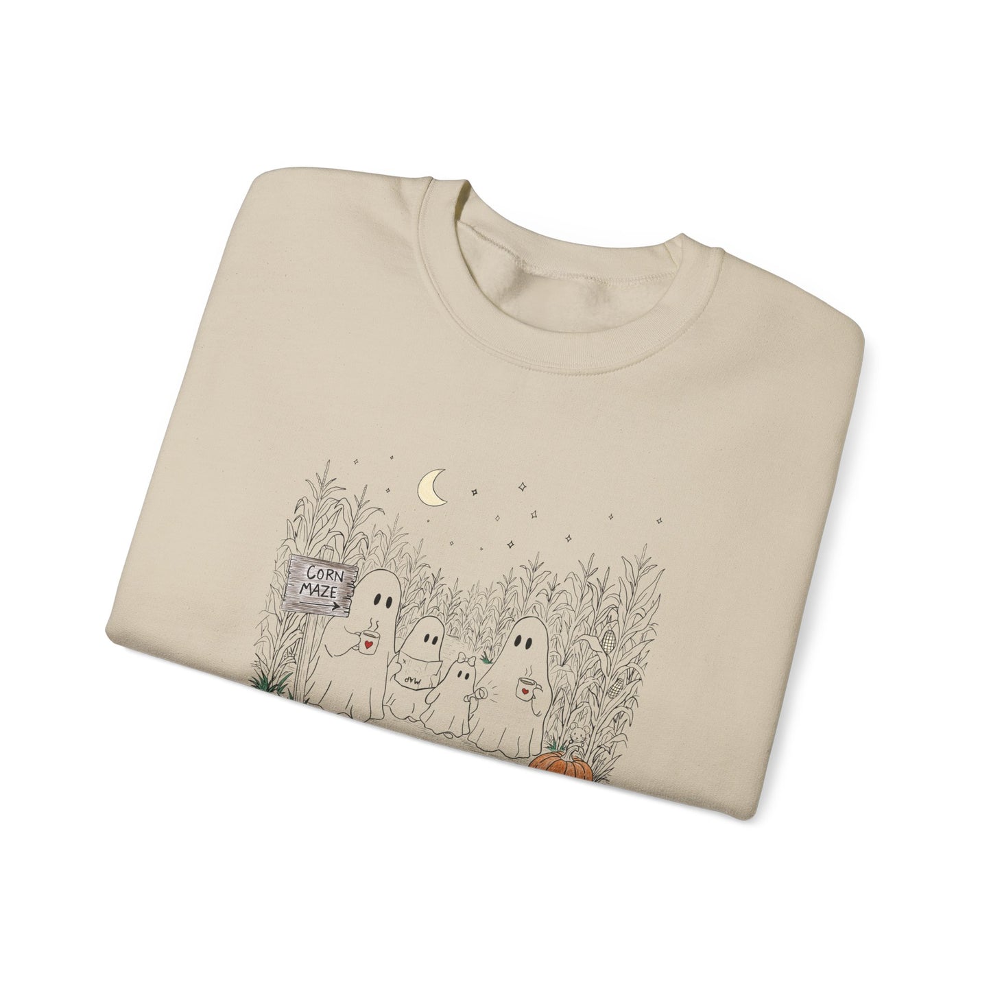 Crewneck sweatshirt featuring a hand-drawn ghost family walking through a moonlit corn maze with warm drinks, tall corn stalks, and a pumpkin from The Story of the Ghost Chapter 2 collection.
