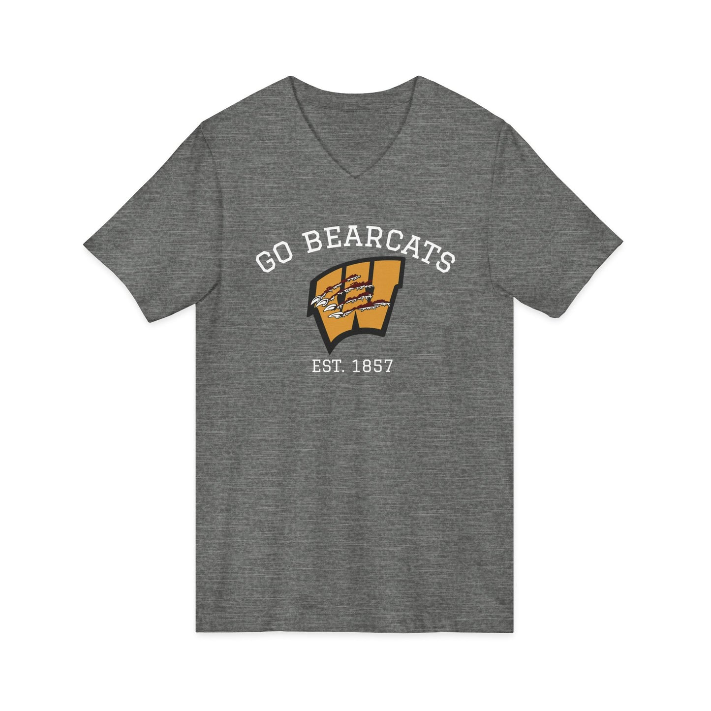 Custom Whitesboro Middle School Bearcats V-neck shirt featuring a gold clawed W logo with Go Bearcats lettering and a vintage athletic design.
