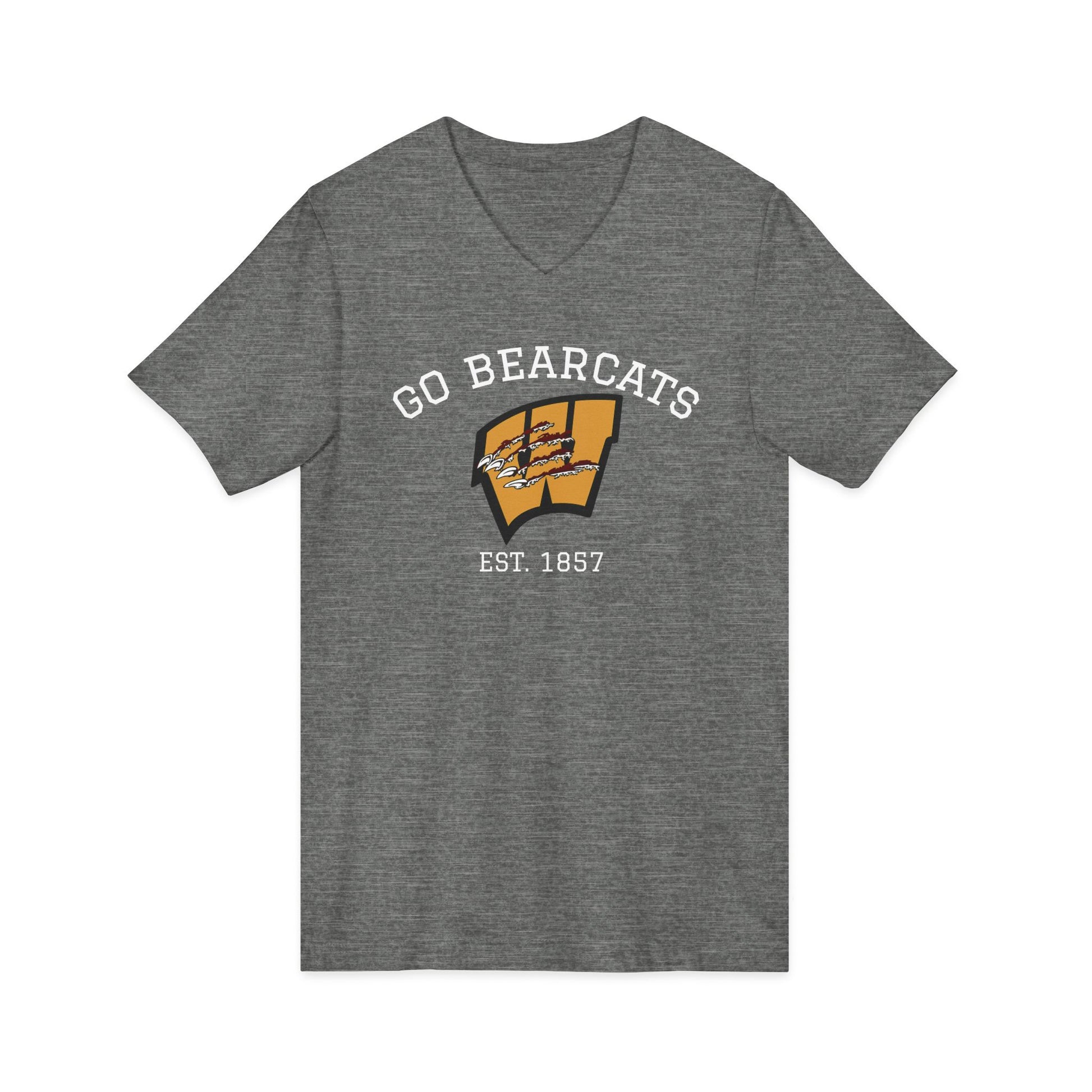 Custom Whitesboro Middle School Bearcats V-neck shirt featuring a gold clawed W logo with Go Bearcats lettering and a vintage athletic design.
