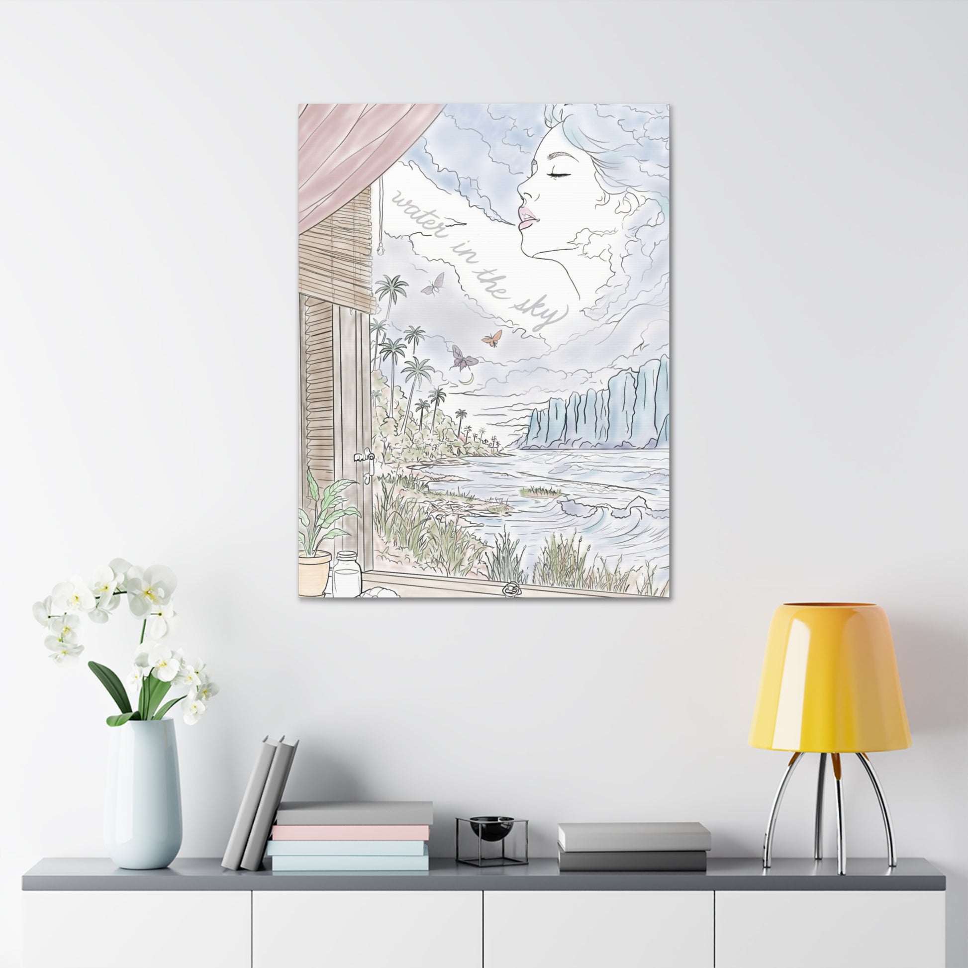 Water in the Sky vertical canvas featuring a pastel coastal landscape, tropical palms, ocean waves and a woman formed in the clouds.