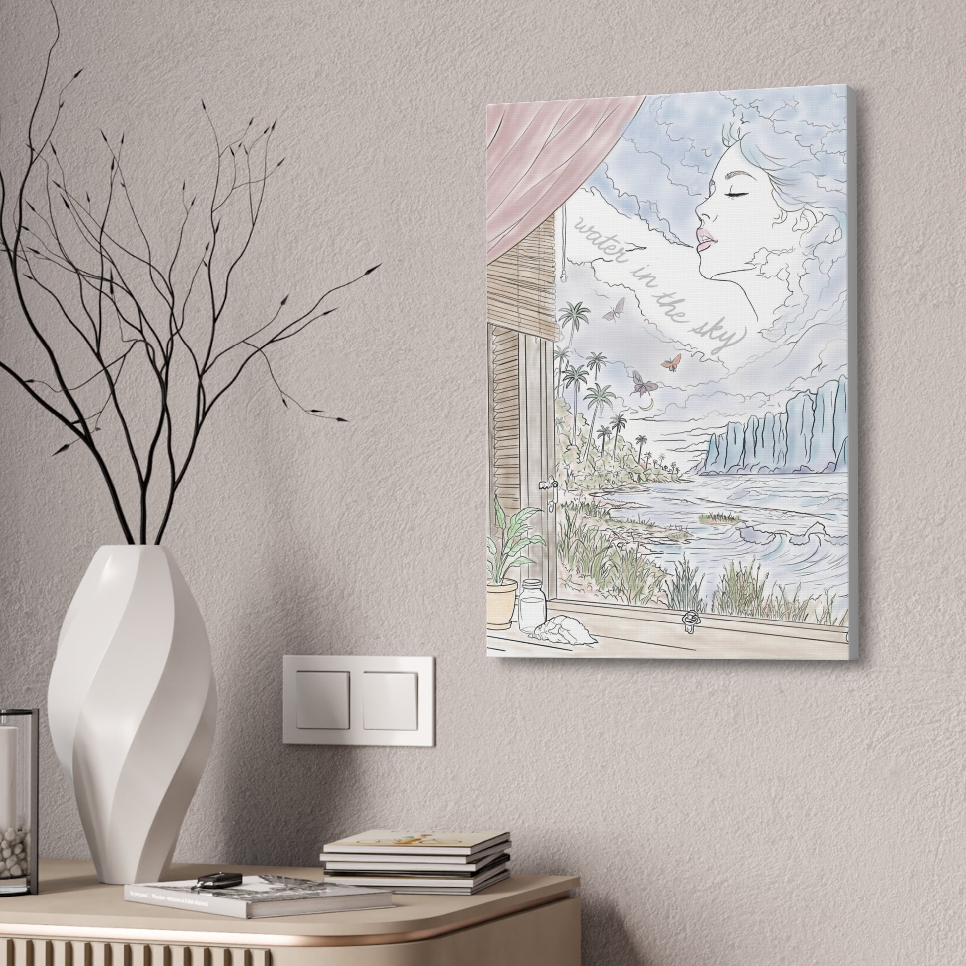 Water in the Sky vertical canvas featuring a pastel coastal landscape, tropical palms, ocean waves and a woman formed in the clouds.