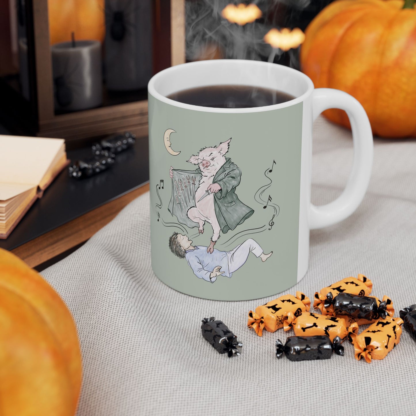 Sage green ceramic mug featuring original hand-drawn Guyute-inspired artwork with a surreal pig, musical mist, moon, and hidden song details.