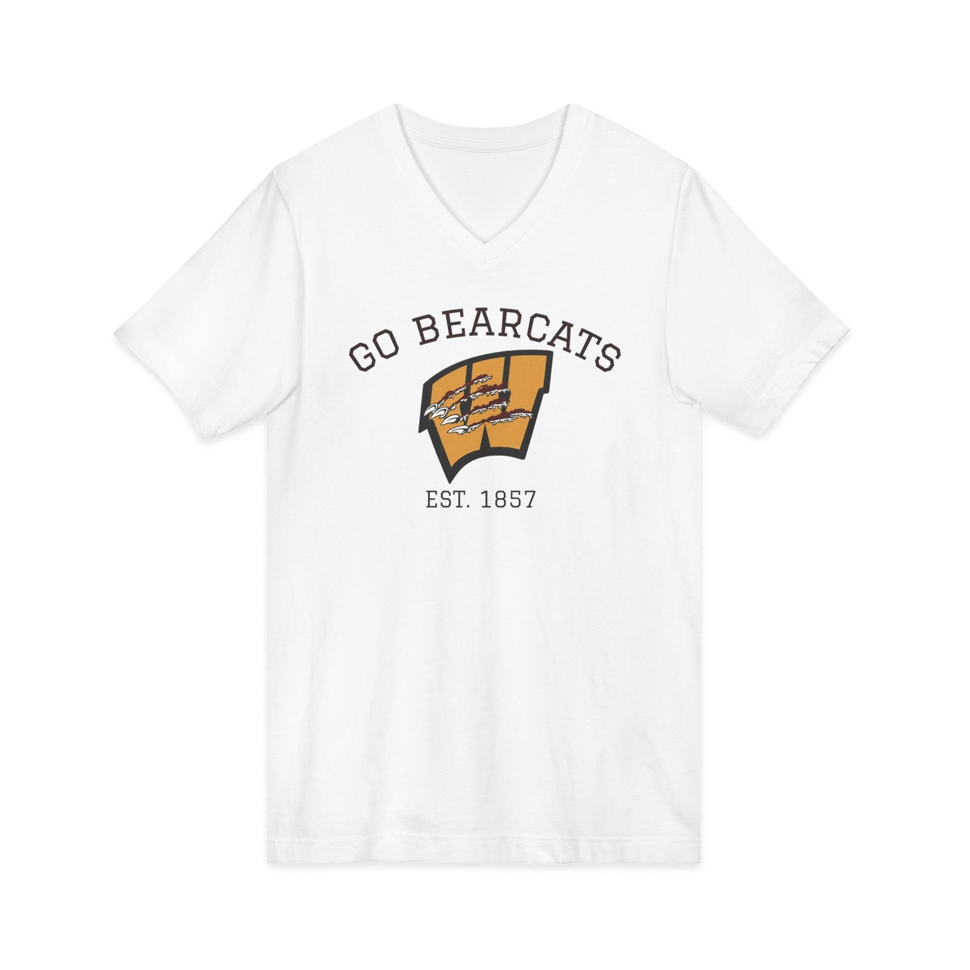 Custom Whitesboro Middle School Bearcats V-neck shirt featuring a gold clawed W logo with Go Bearcats lettering and a vintage athletic design.
