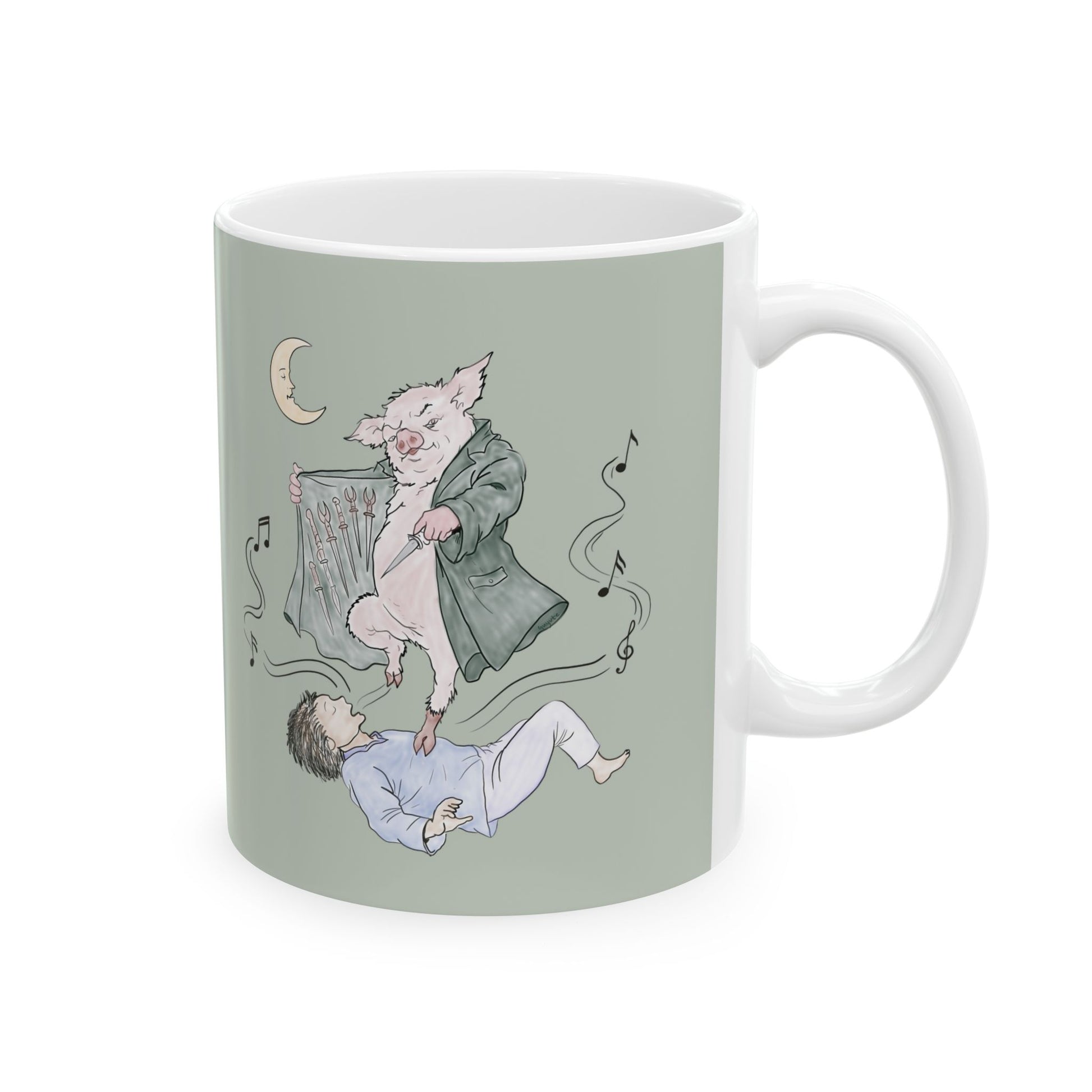 Sage green ceramic mug featuring original hand-drawn Guyute-inspired artwork with a surreal pig, musical mist, moon, and hidden song details.