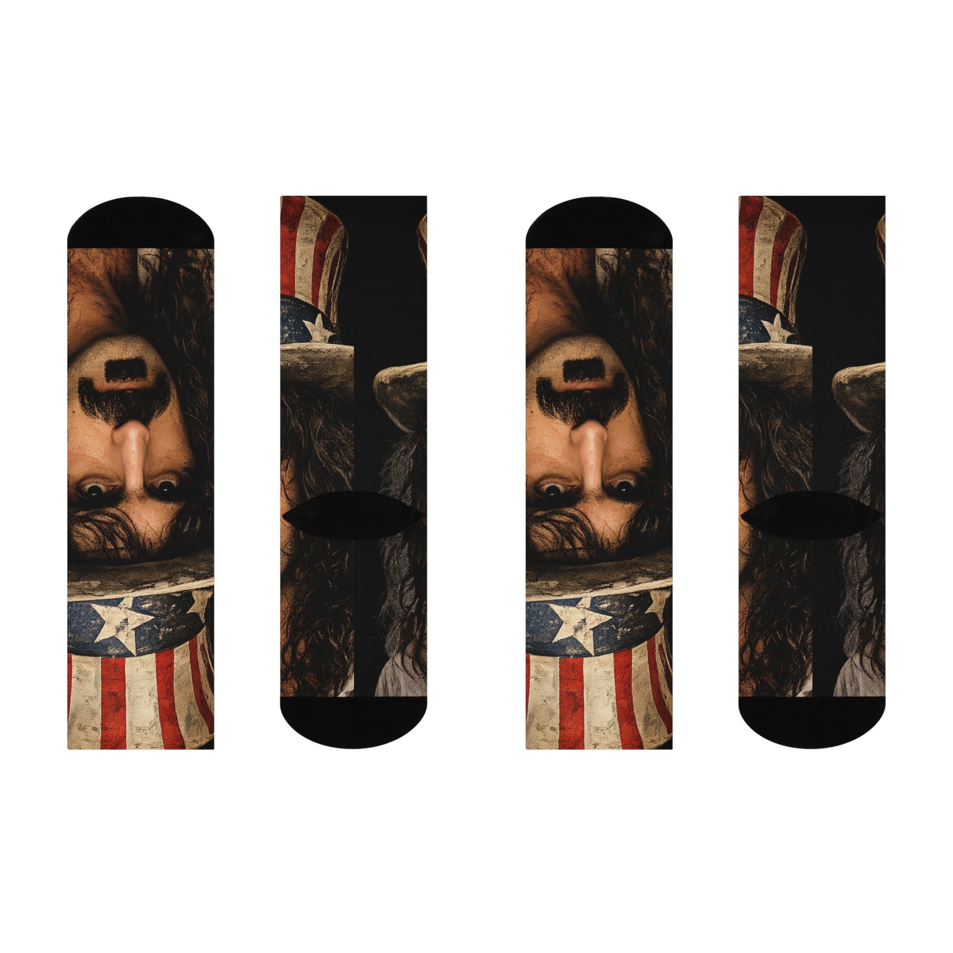 Four socks with a design of a face with a long nose and American flag pattern on a white background.