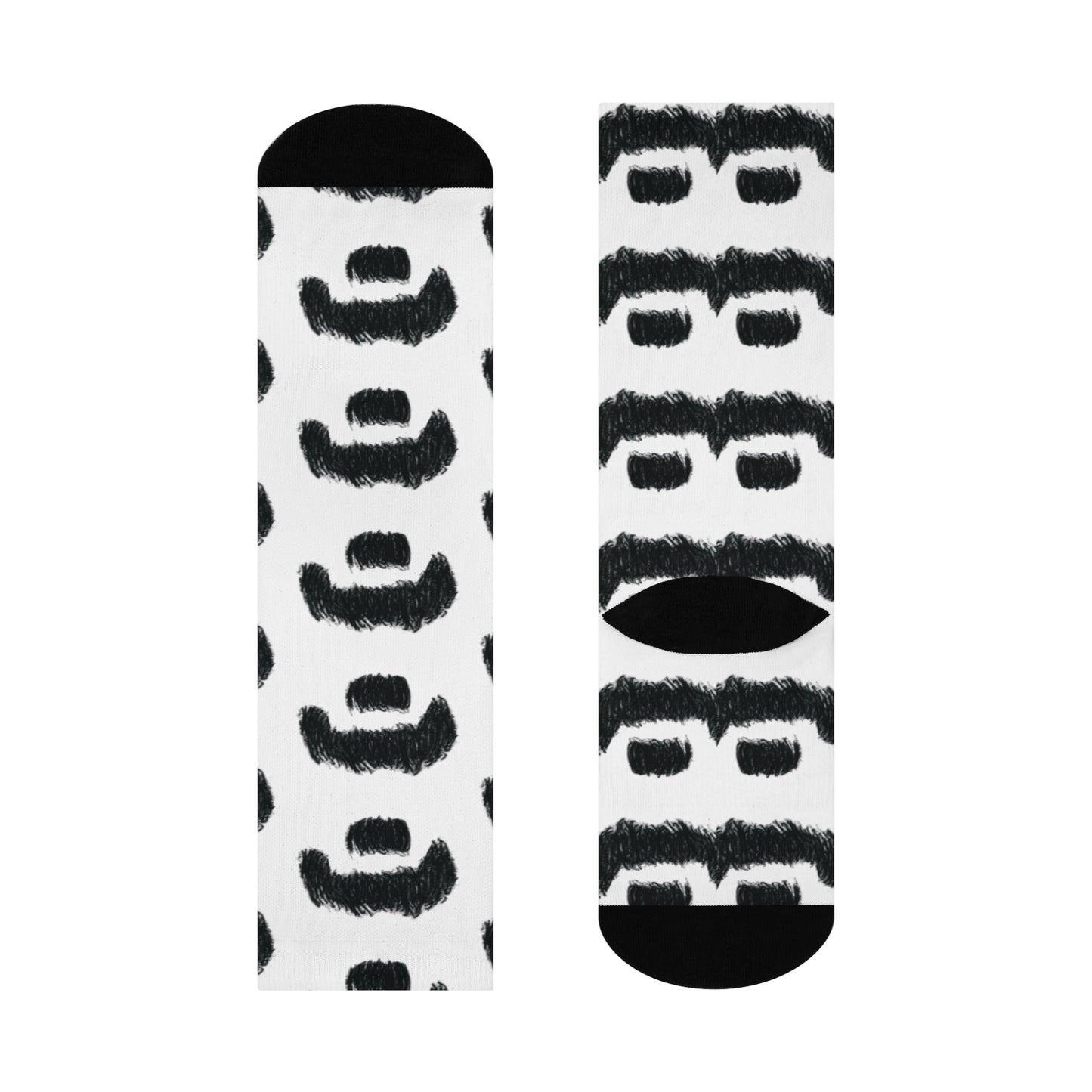 Zappa-inspired hand drawn mustache crew socks with hand-drawn black pattern