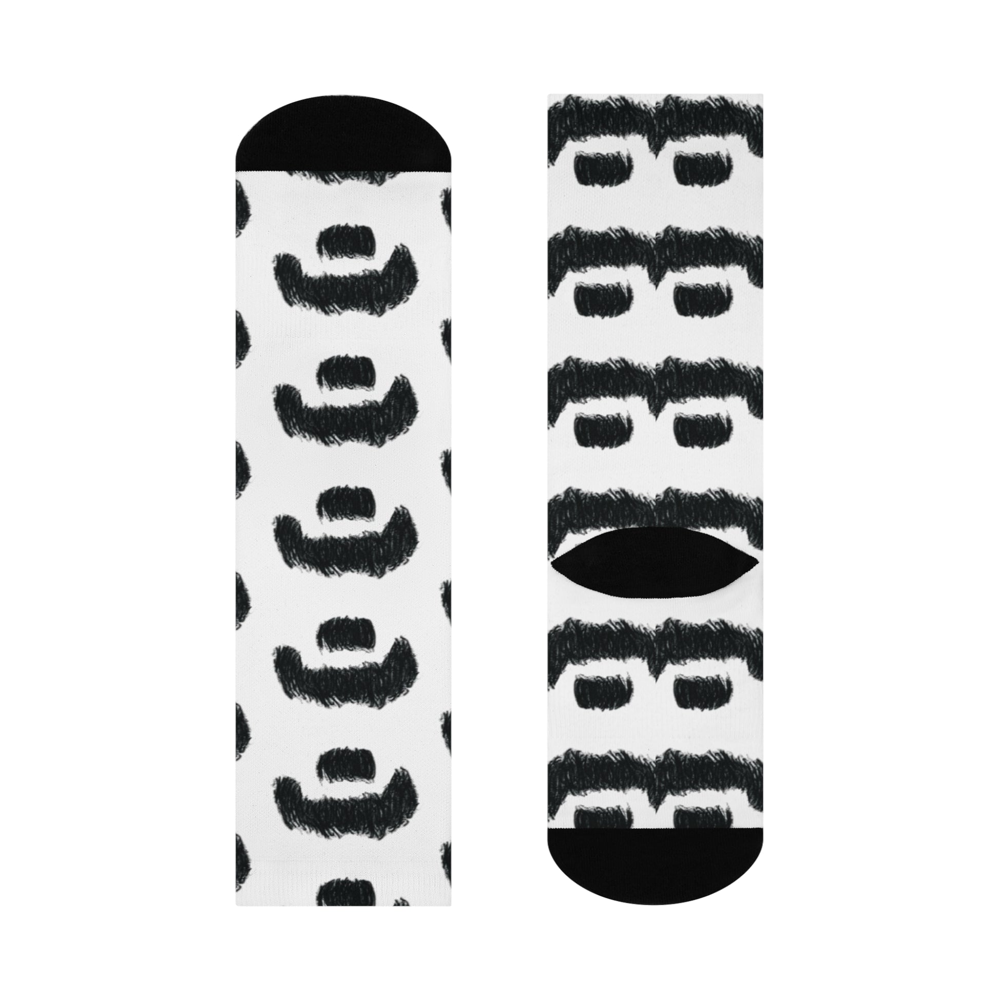 Zappa-inspired hand drawn mustache crew socks with hand-drawn black pattern