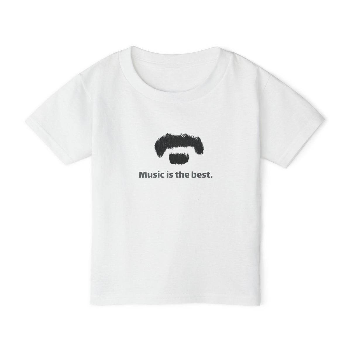 A white short-sleeve crewneck t-shirt with a black graphic of a mustache and beard above the text 'Music is the best.' on the chest, displayed on a clean white background.