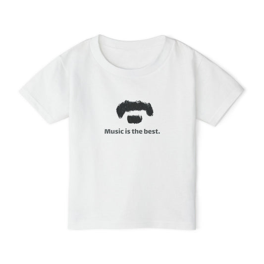 A white short-sleeve crewneck t-shirt with a black graphic of a mustache and beard above the text 'Music is the best.' on the chest, displayed on a clean white background.