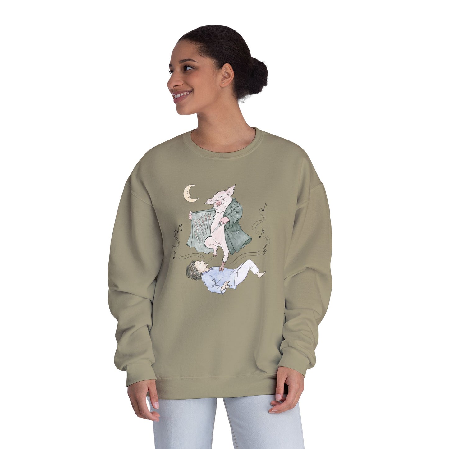 Crewneck sweatshirt featuring original hand-drawn Guyute-inspired artwork with a surreal pig, moon, musical mist, and muted storybook colors.