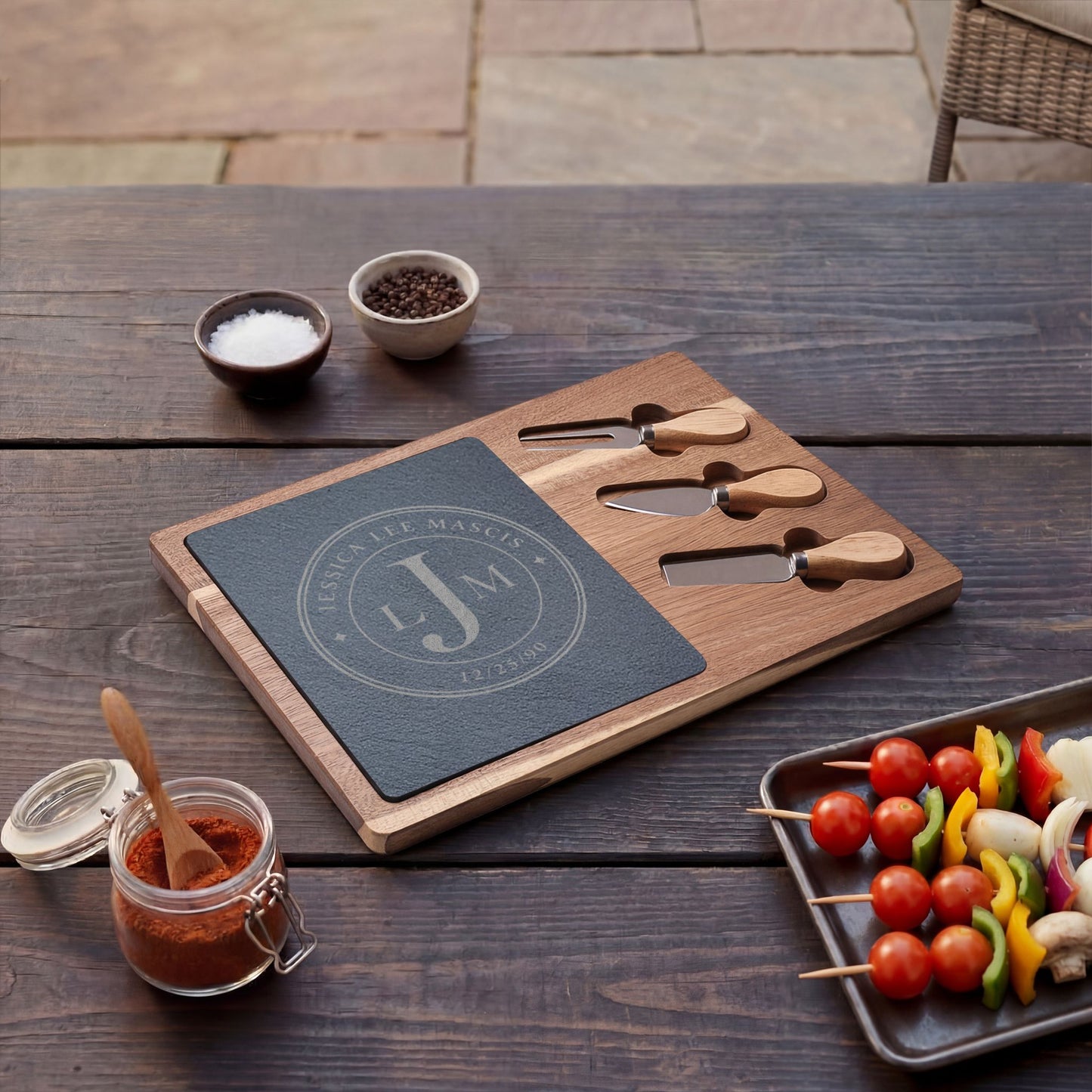 Personalized Charcuterie Board Gift | Engraved Cheese Board with Serving Tools | Custom Family Name Board