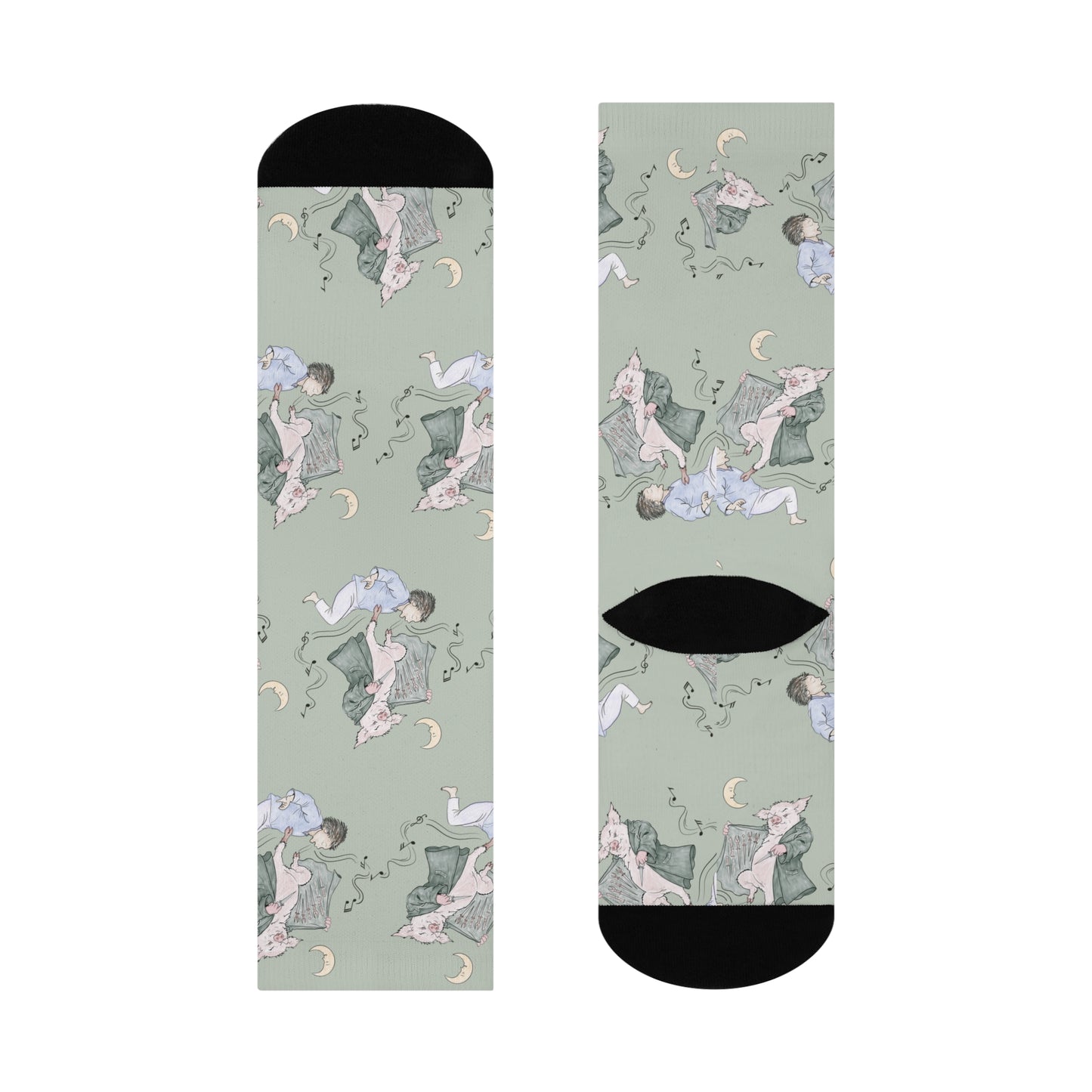 Pair of Guyute-inspired socks featuring original hand-drawn artwork with a surreal pig, moon, musical mist, and muted storybook colors.