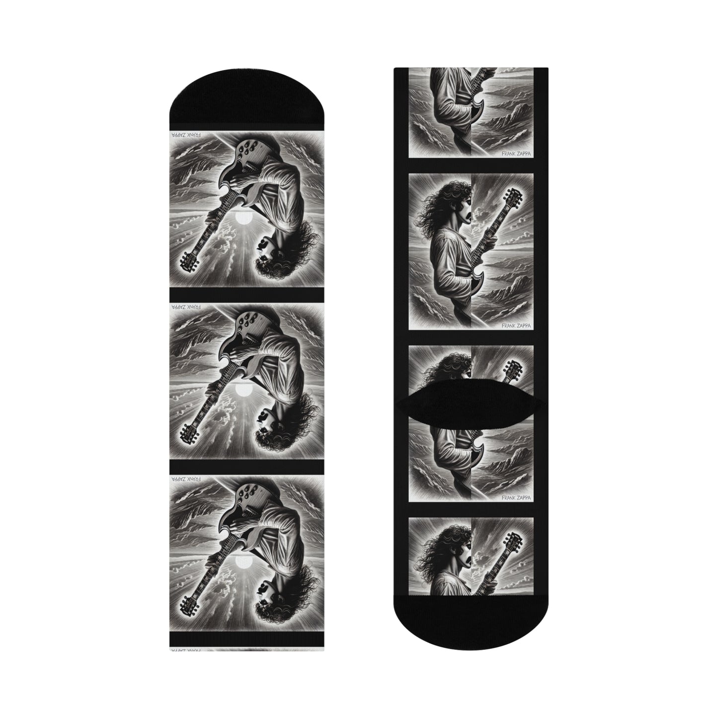Zappa-inspired black and white pencil sketch art guitarist crew socks