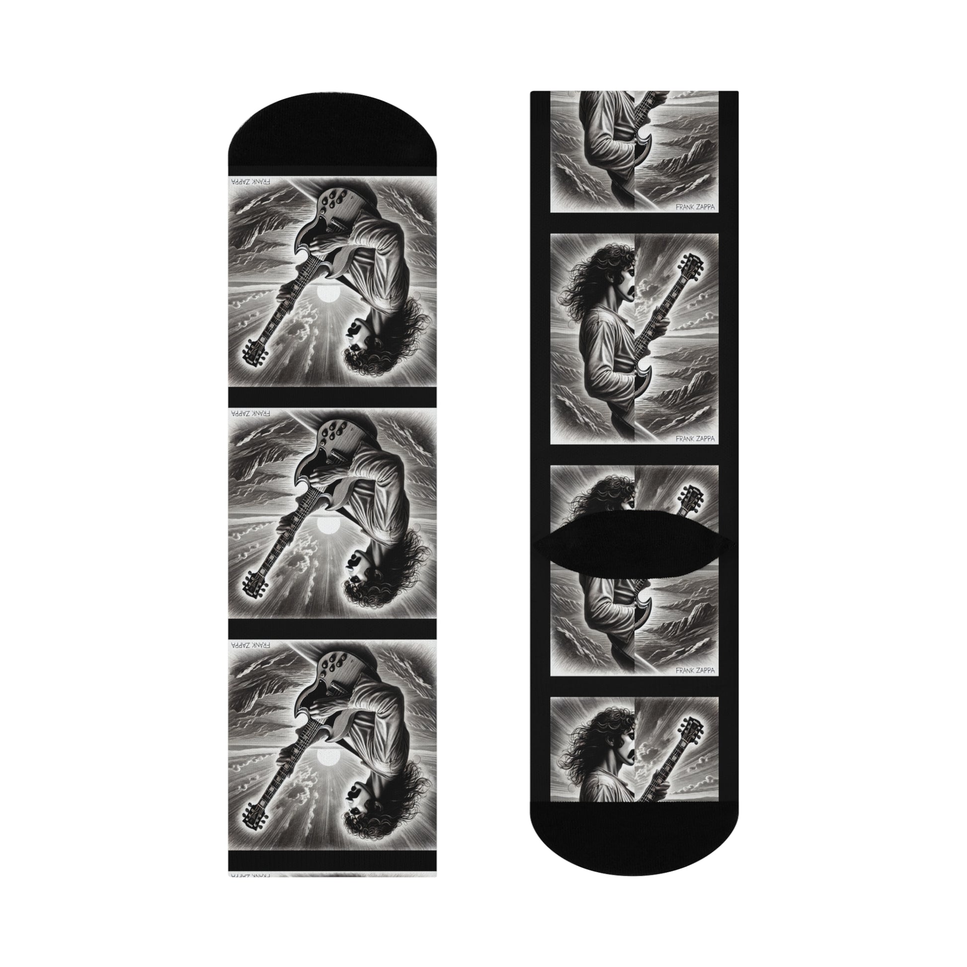 Zappa-inspired black and white pencil sketch art guitarist crew socks