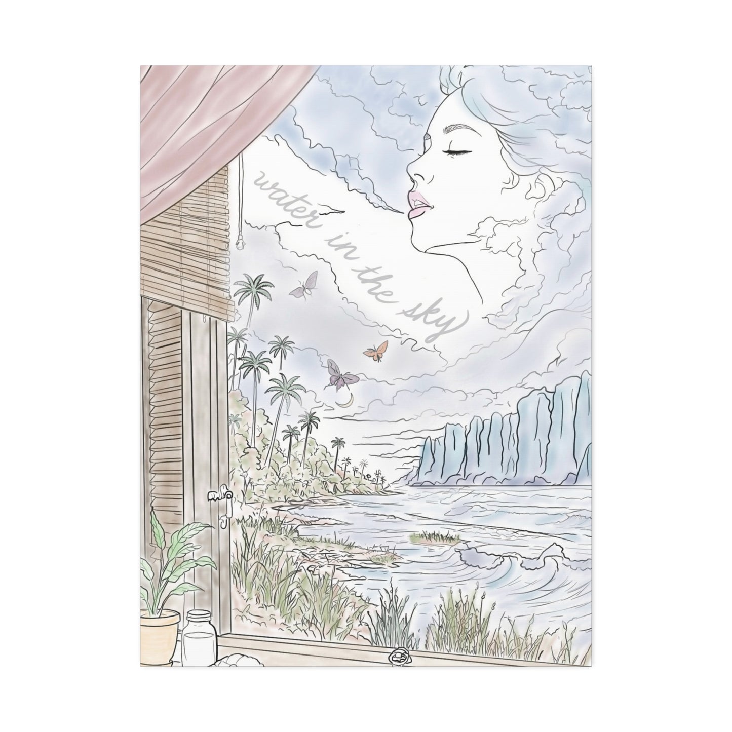 Front view of Water in the Sky pastel canvas artwork with cliffs, butterflies, palms and a dreamy cloud portrait.