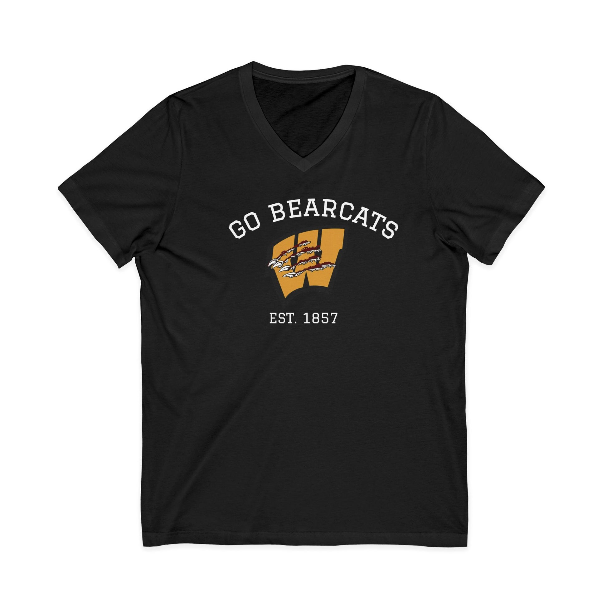 Custom Whitesboro Middle School Bearcats V-neck shirt featuring a gold clawed W logo with Go Bearcats lettering and a vintage athletic design.