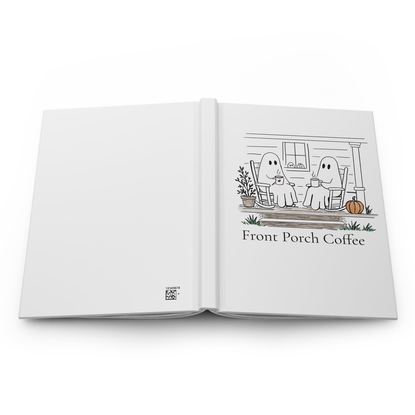 An open hardcover book on a white background, showing a mostly blank left page and a right page with a black-and-white illustration of two ghosts sitting on a front porch with the text 'Front Porch Coffee' below.
