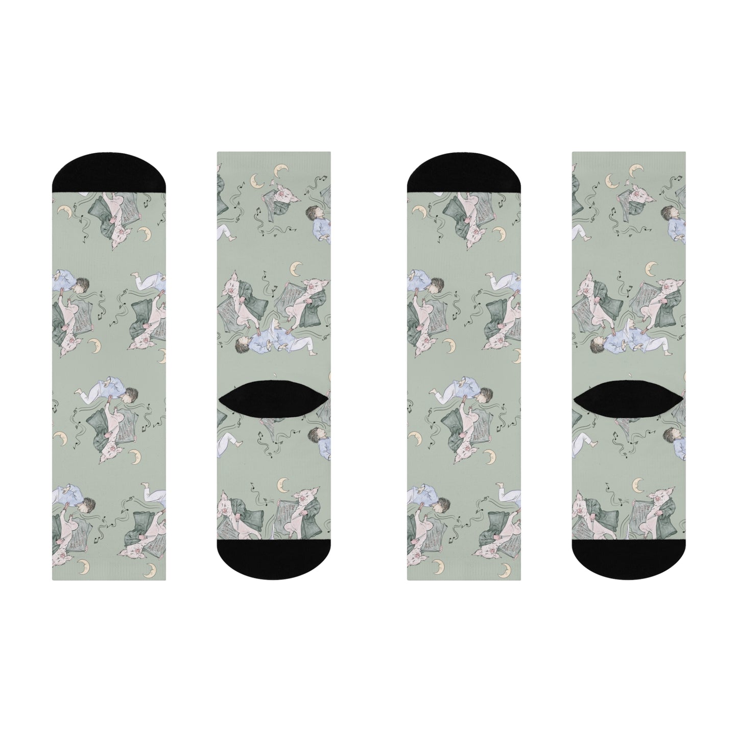 Pair of Guyute-inspired socks featuring original hand-drawn artwork with a surreal pig, moon, musical mist, and muted storybook colors.