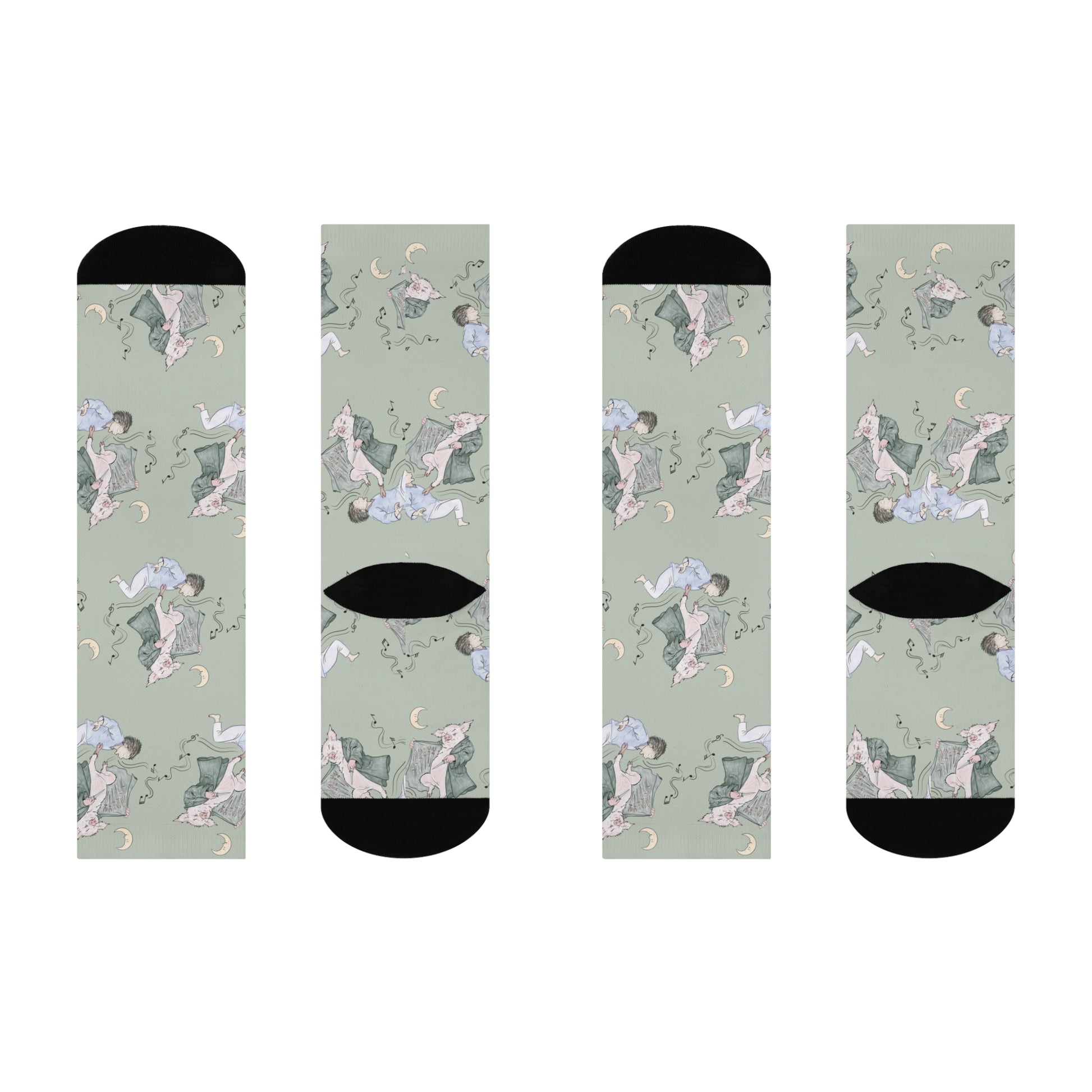 Pair of Guyute-inspired socks featuring original hand-drawn artwork with a surreal pig, moon, musical mist, and muted storybook colors.
