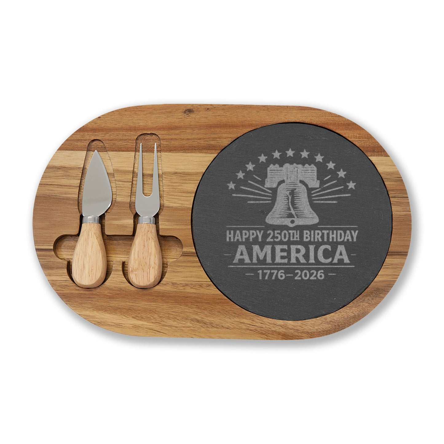 Acacia wood charcuterie board with engraved slate featuring a Liberty Bell and “Happy 250th Birthday America 1776-2026” patriotic design.