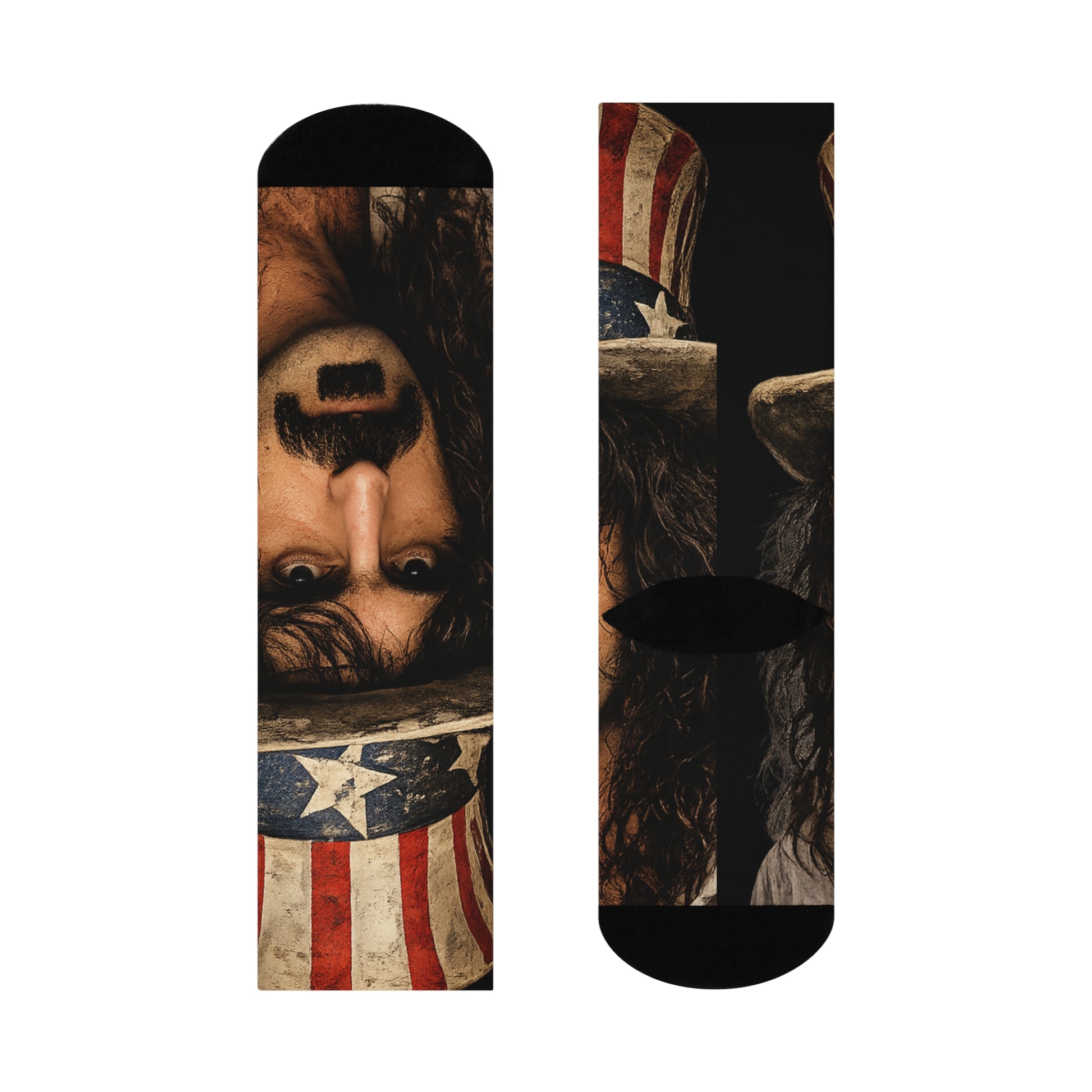 Socks with a design of a face with an American flag on a white background