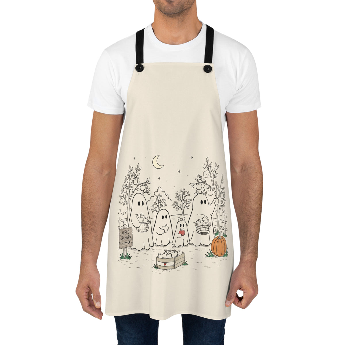Cream apron featuring a cute ghost family picking apples in an autumn orchard with baskets, pumpkin, trees and moon from The Story of the Ghost Chapter 4.