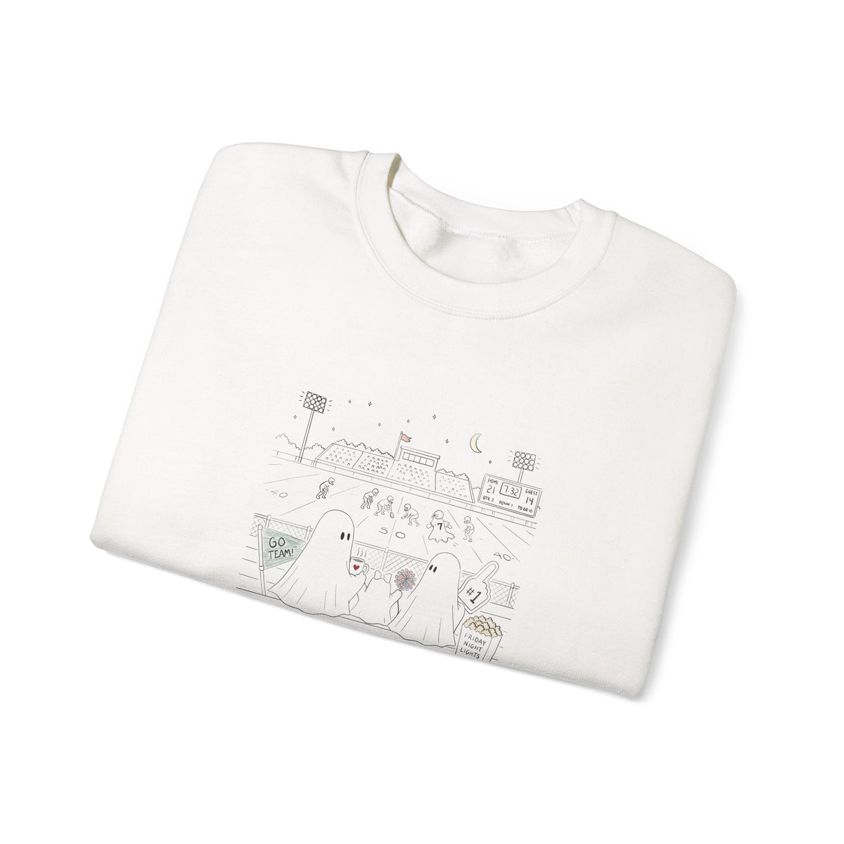 White crewneck sweatshirt featuring original cute ghost family football artwork from Friday Night Lights, Chapter 5 of The Story of the Ghost by Market Mafia Creations.