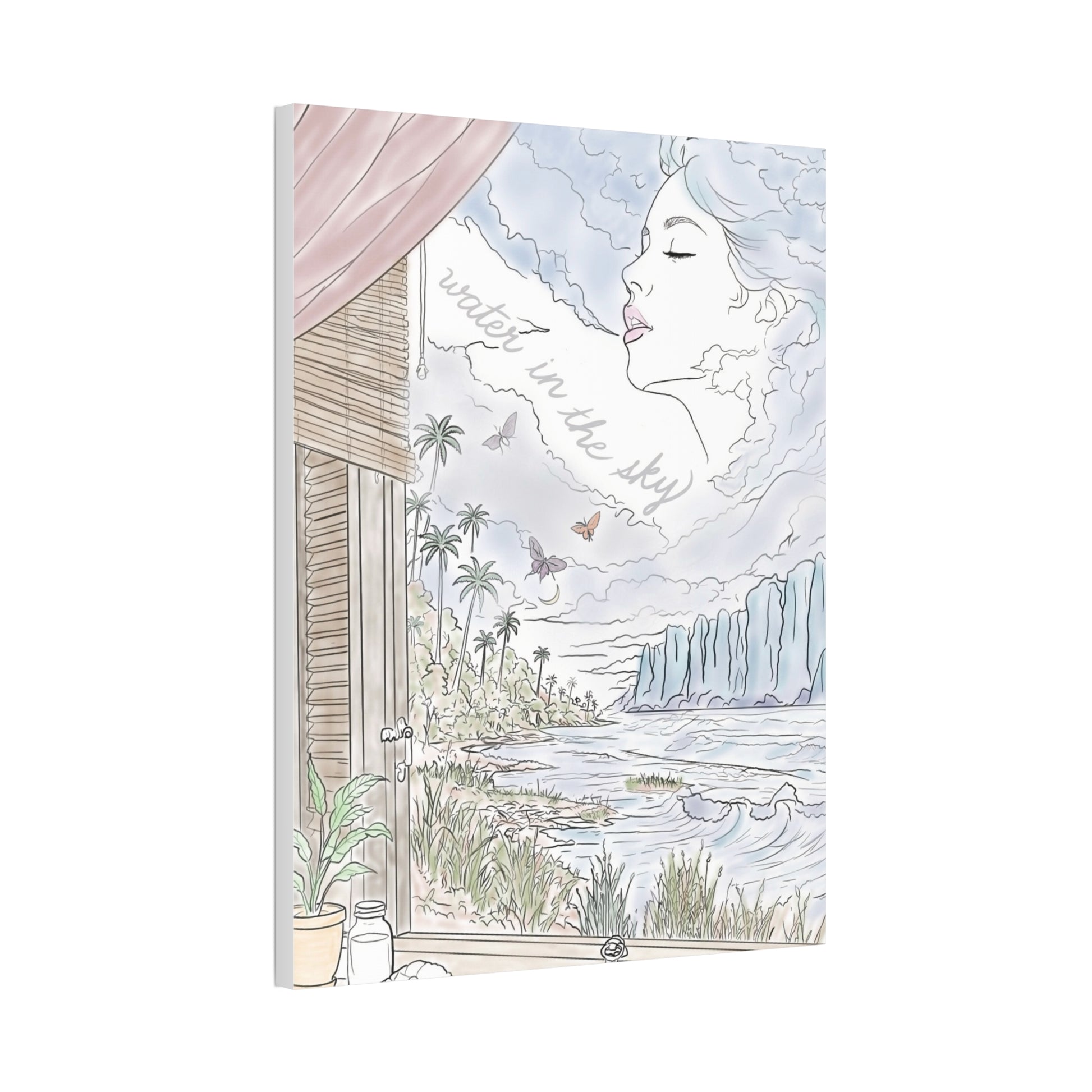 Water in the Sky vertical canvas featuring a pastel coastal landscape, tropical palms, ocean waves and a woman formed in the clouds.