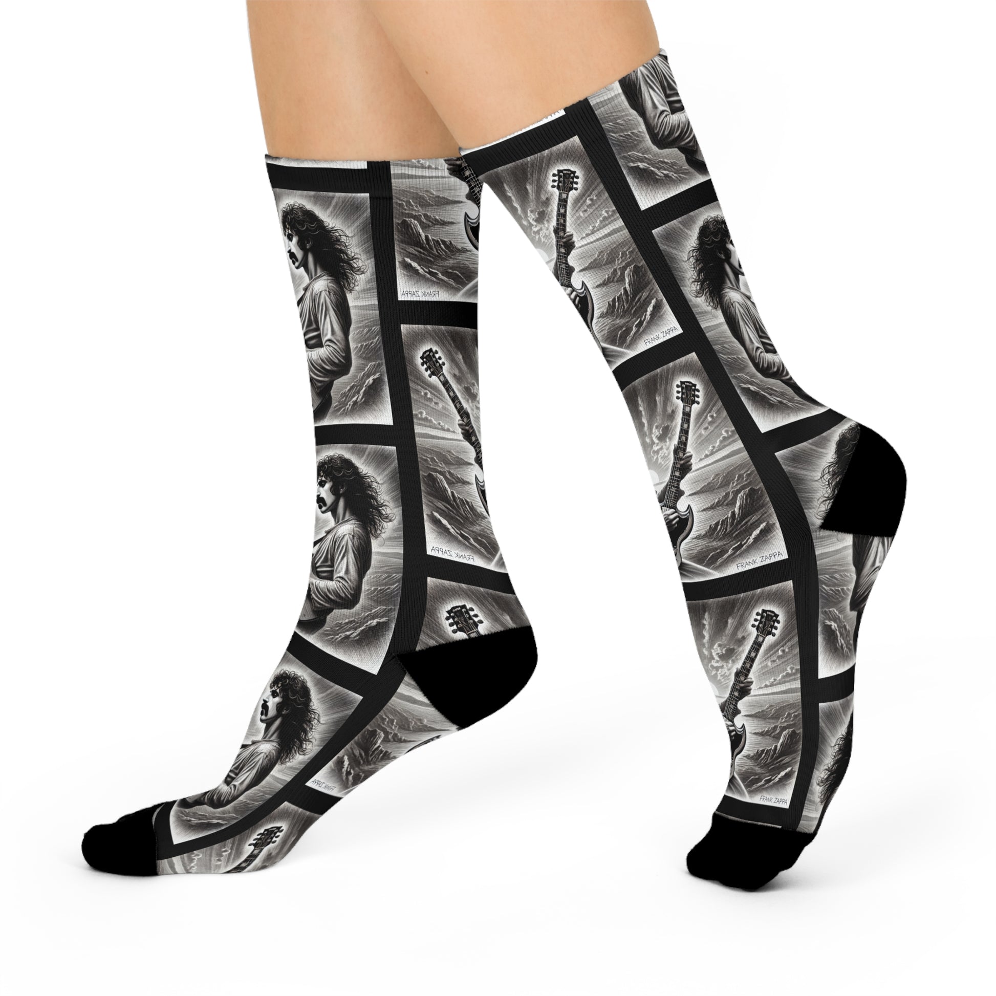 Zappa-inspired black and white pencil sketch art guitarist crew socks