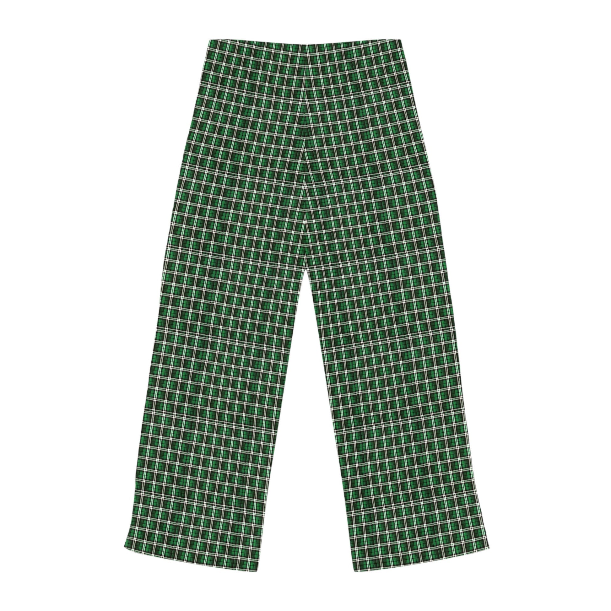Women’s green plaid Christmas morning pajama bottoms hand-drawn holiday design