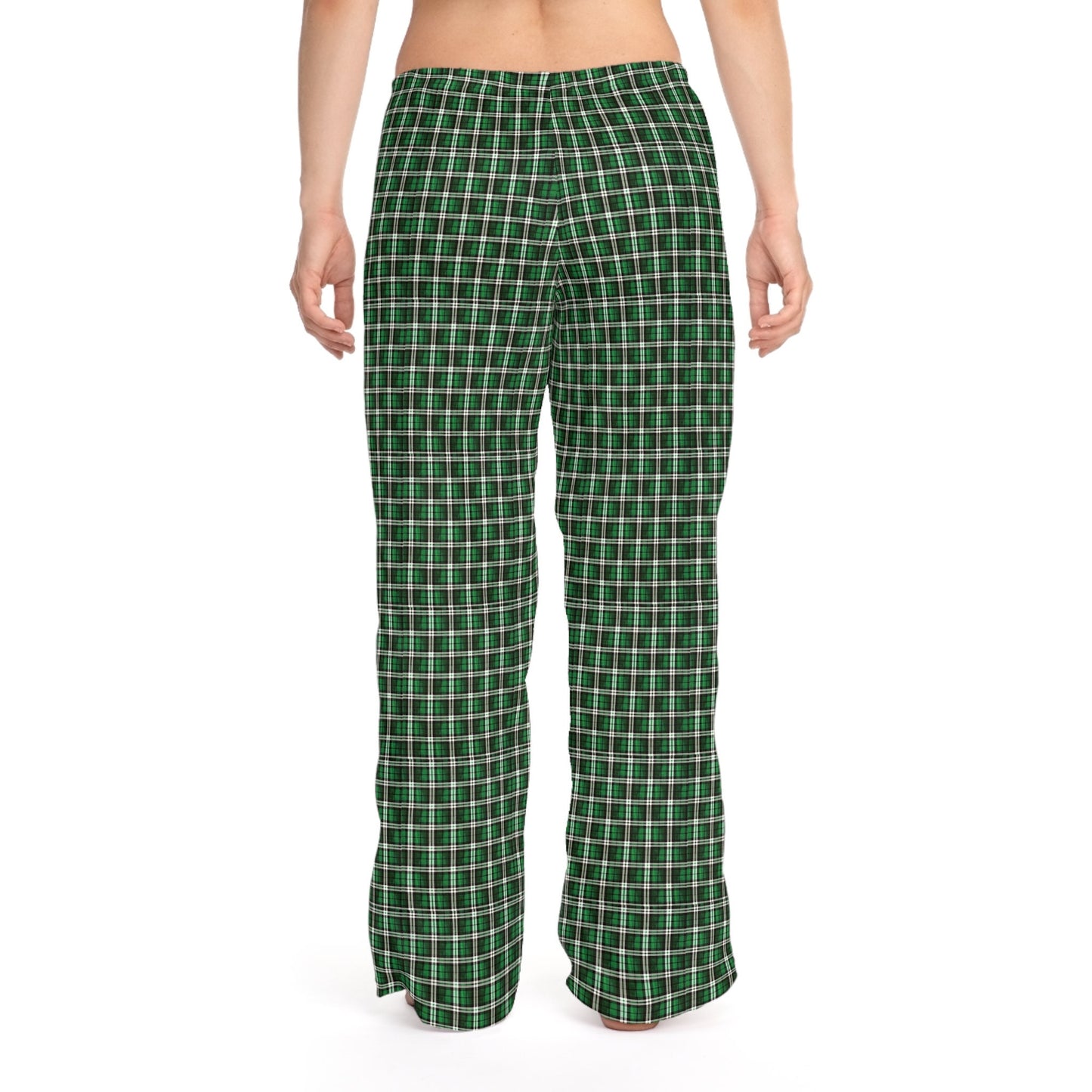 Women’s green plaid Christmas morning pajama bottoms hand-drawn holiday design
