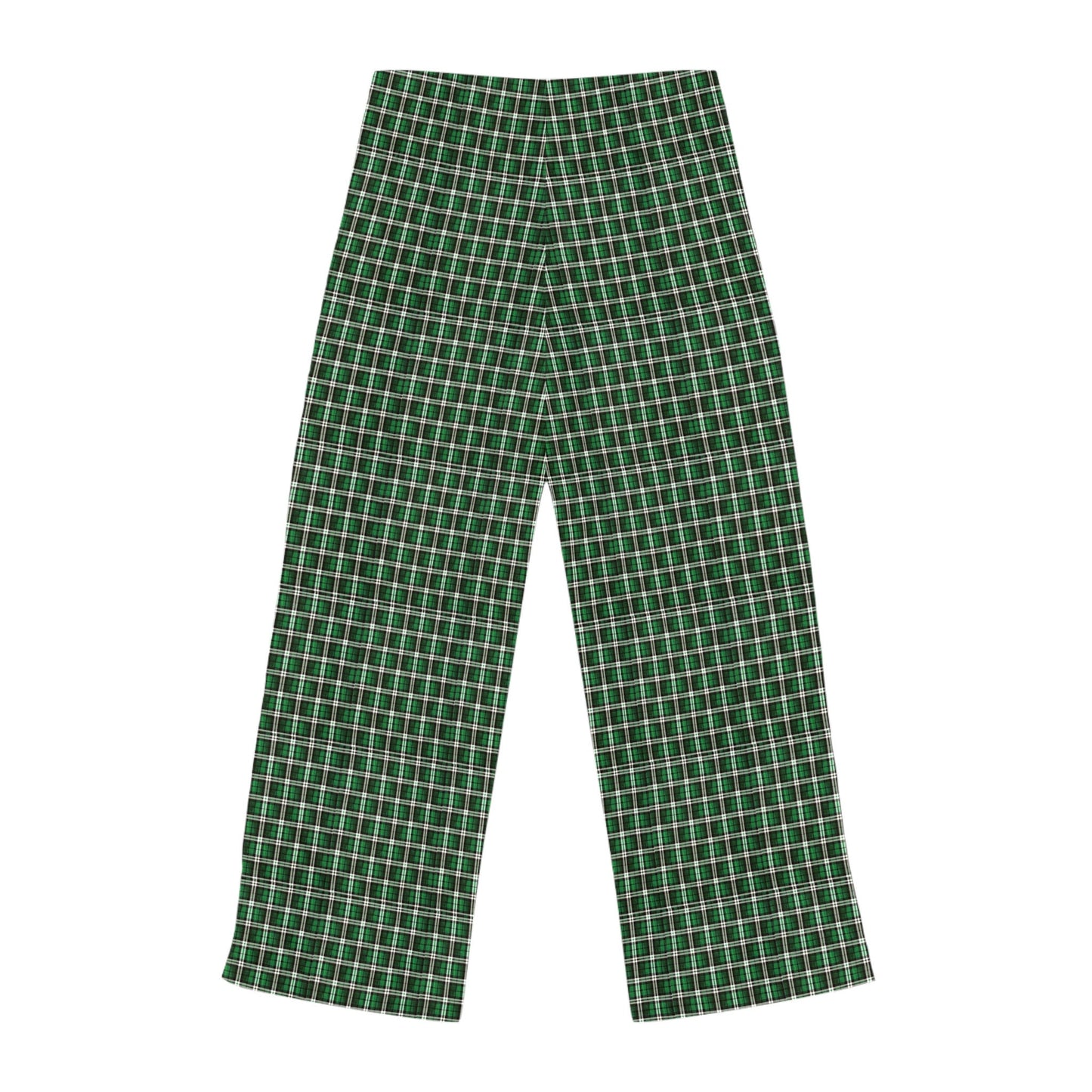 Women’s green plaid Christmas morning pajama bottoms hand-drawn holiday design