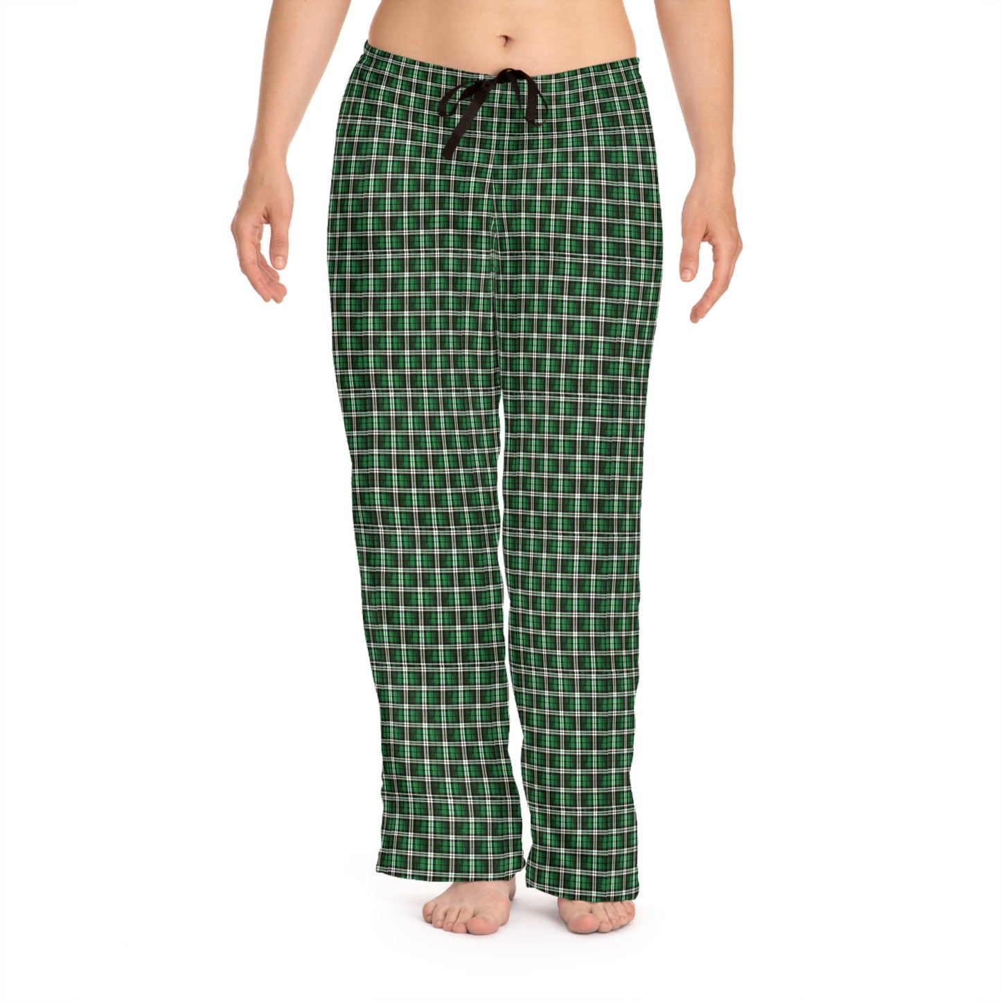 Women’s green plaid Christmas morning pajama bottoms hand-drawn holiday design