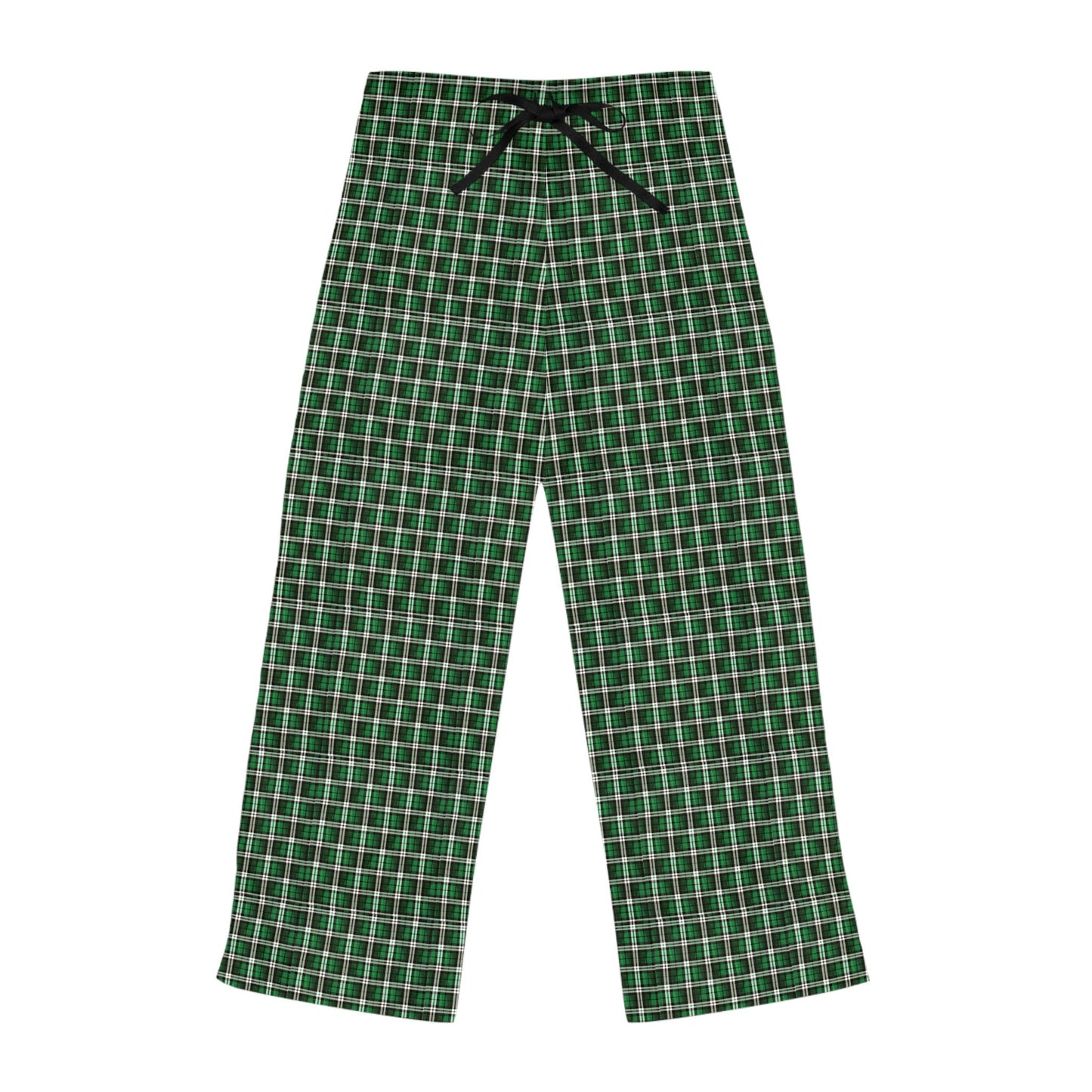 Women’s green plaid Christmas morning pajama bottoms hand-drawn holiday design